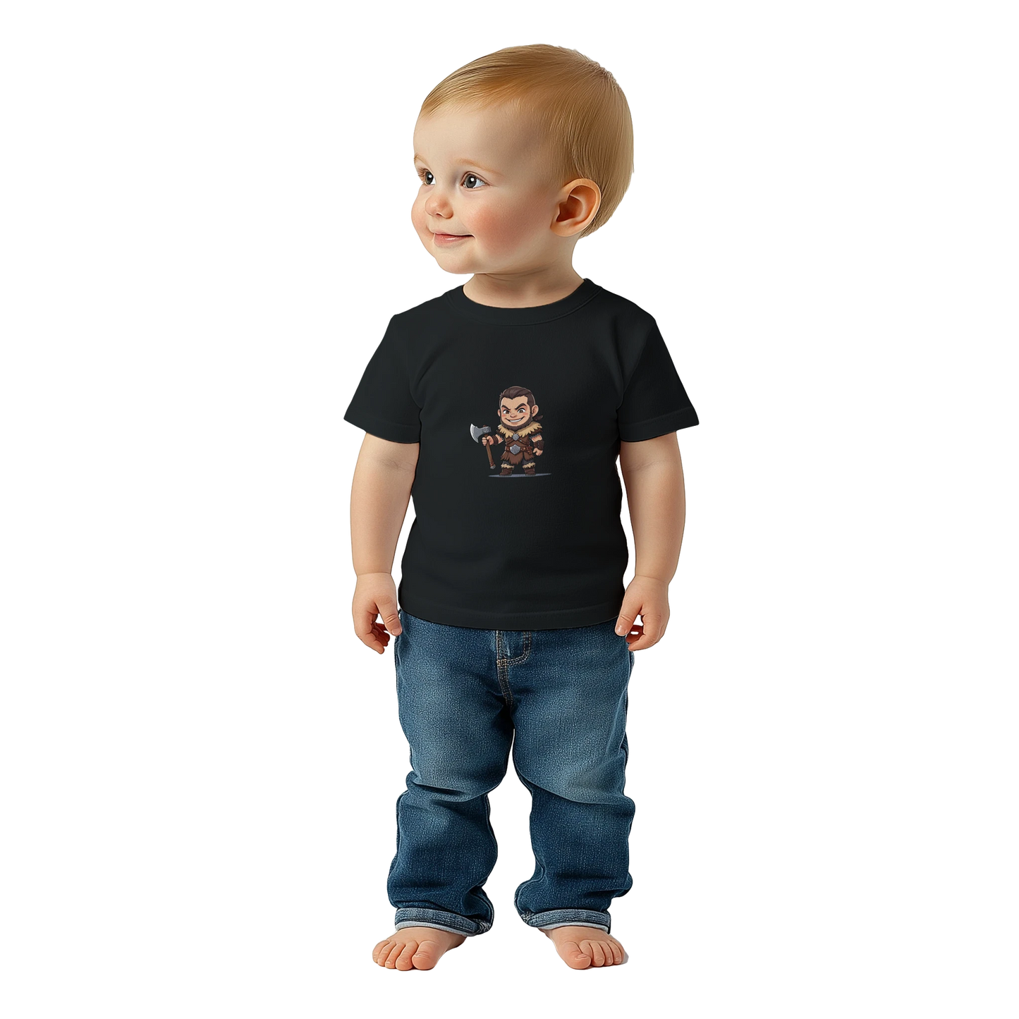 Baby-barian boy Lvl 1 t-shirt featuring gaming barbarian character design with level 1 badge