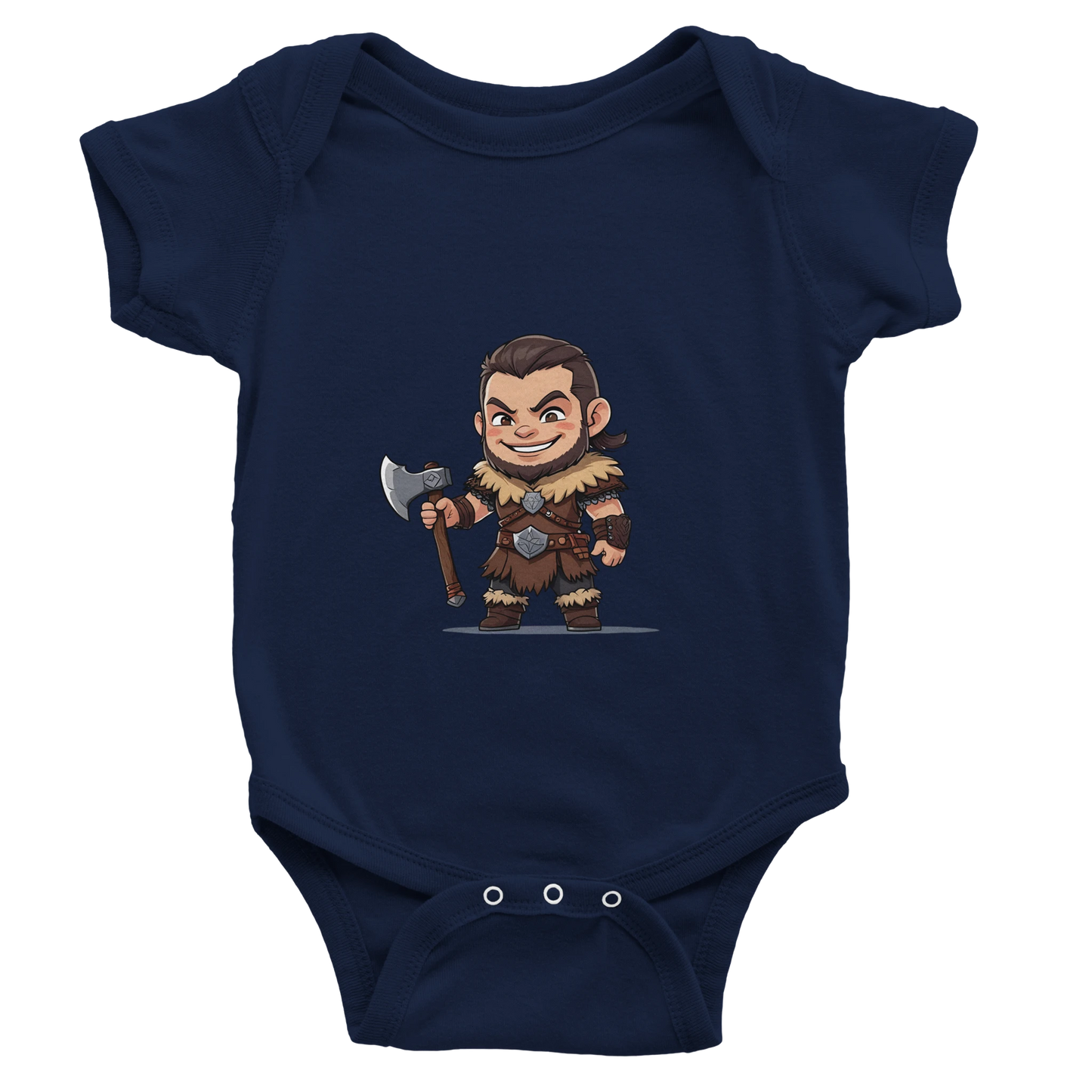 Gaming RPG-style Baby-barian Boy character design with Level 1 badge and barbarian theme on infant bodysuit
