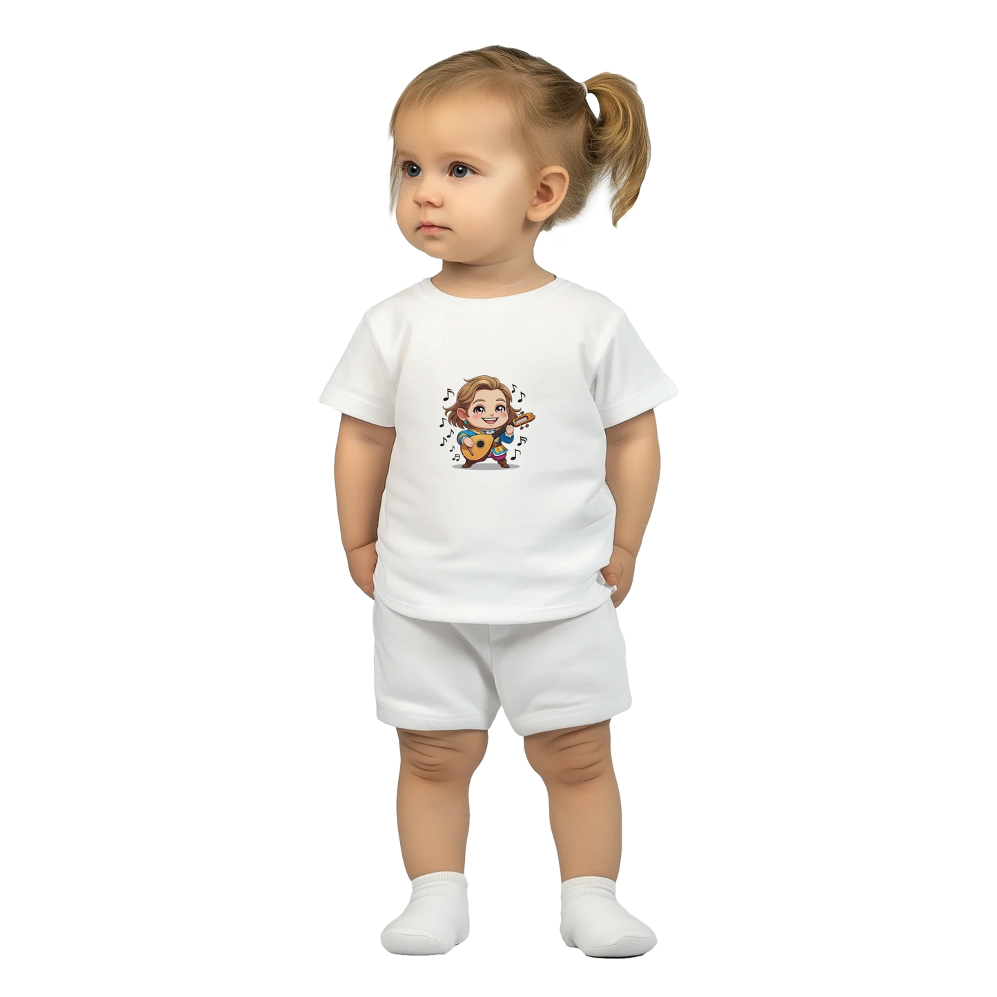 Baby t-shirt featuring a D&D-inspired chibi bard design. Ideal for little performers with a love for sound and sparkle.