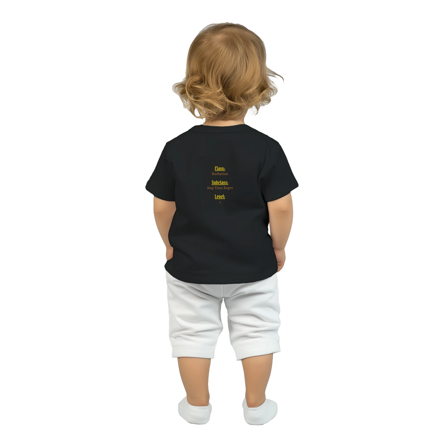 Baby-barian girl Lvl 1 t-shirt featuring gaming barbarian character design with level 1 badge