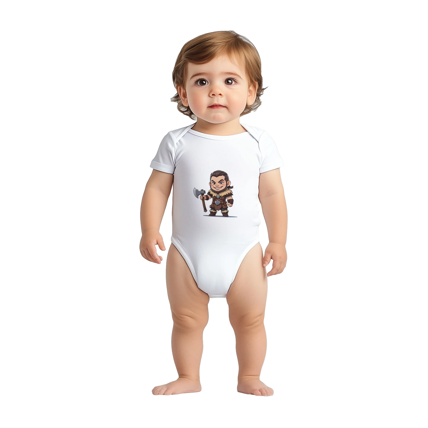 Gaming RPG-style Baby-barian Boy character design with Level 1 badge and barbarian theme on infant bodysuit