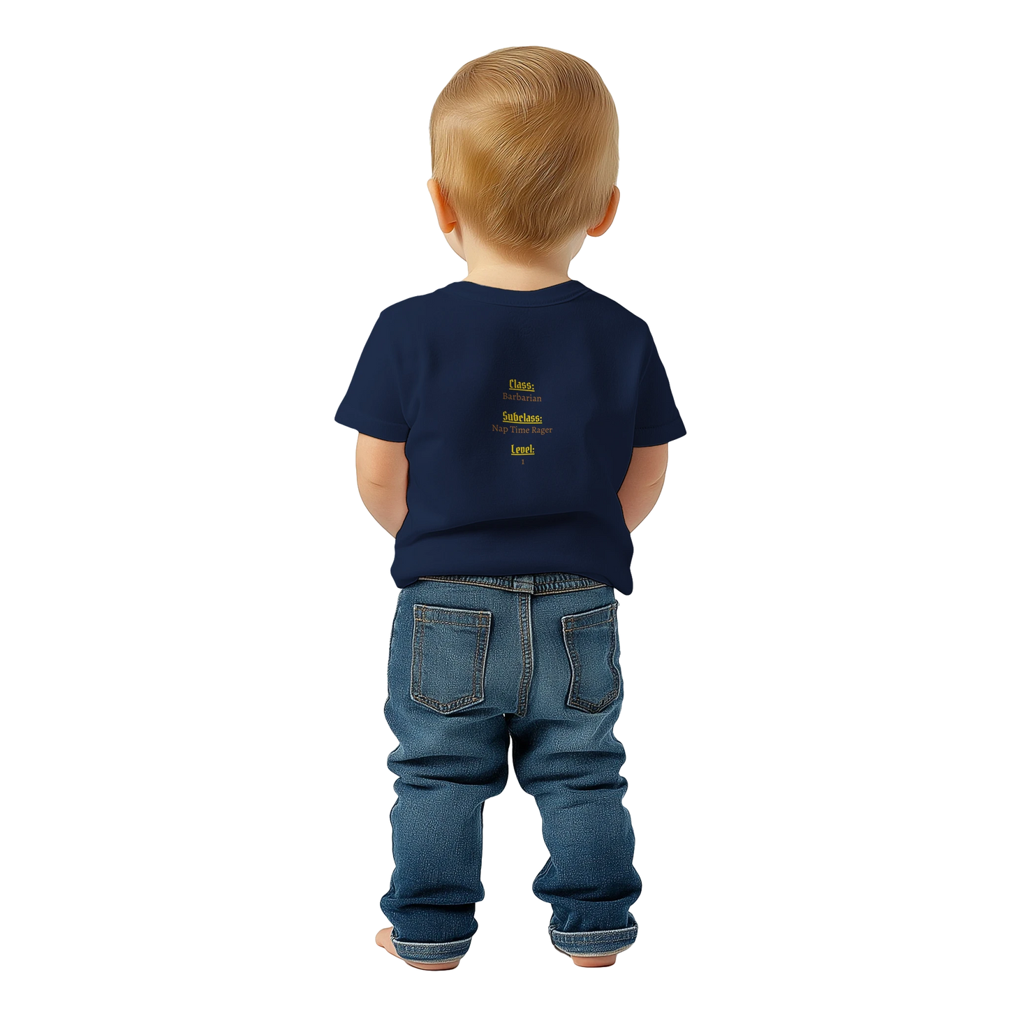 Baby-barian boy Lvl 1 t-shirt featuring gaming barbarian character design with level 1 badge