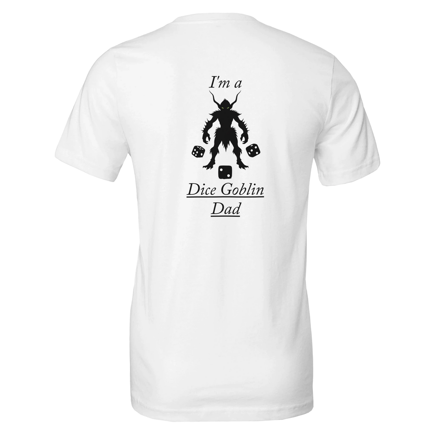 Comfortable shirt featuring 'Dice Goblin Dad' text design with gaming dice graphics, perfect for tabletop gaming fathers and RPG enthusiasts.