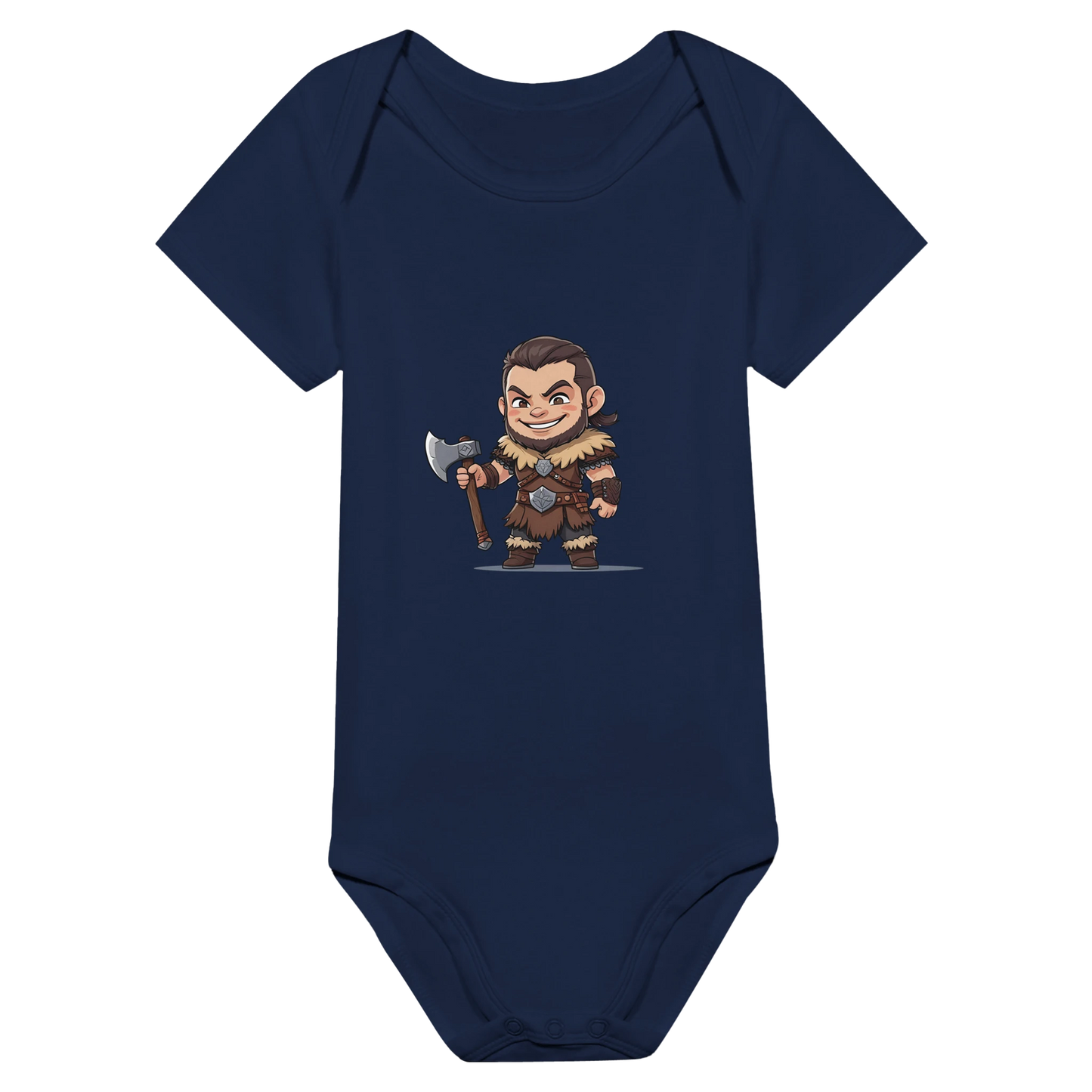 Gaming RPG-style Baby-barian Boy character design with Level 1 badge and barbarian theme on infant bodysuit