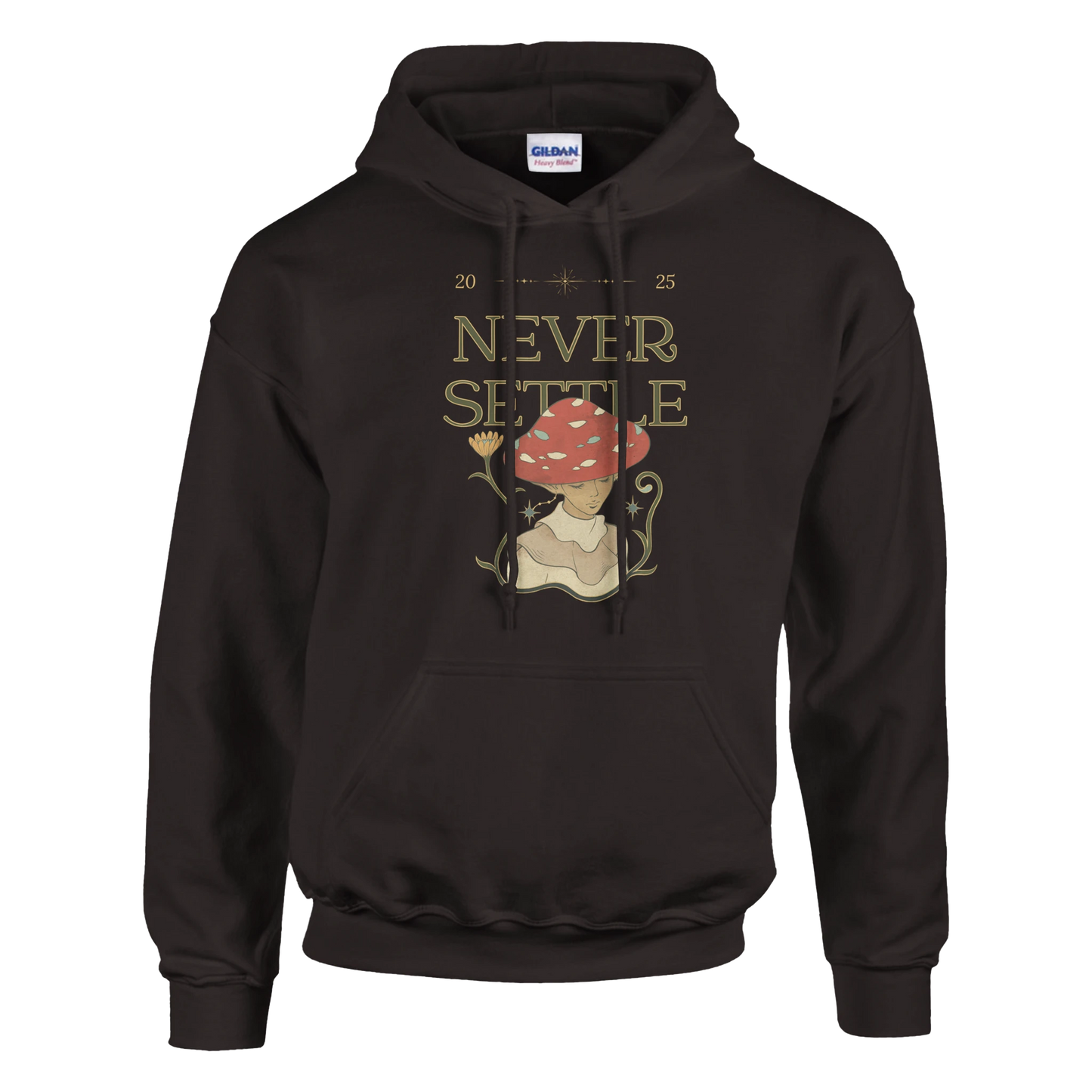 Never Settle Mushroom character design, cute motivational fungi illustration, Gildan 18500 fit and quality.