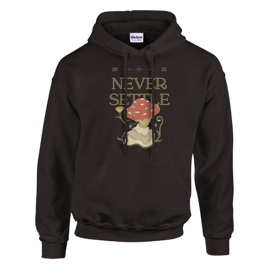 Never Settle Mushroom character design, cute motivational fungi illustration, Gildan 18500 fit and quality.