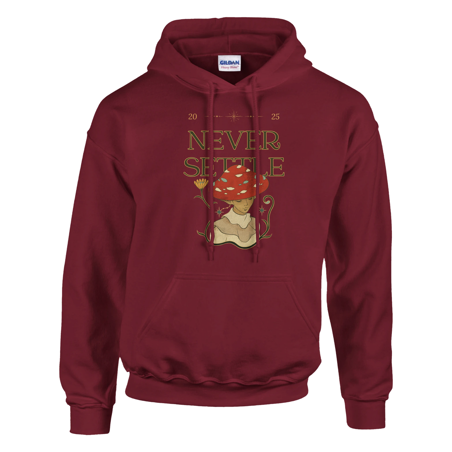 Never Settle Mushroom character design, cute motivational fungi illustration, Gildan 18500 fit and quality.