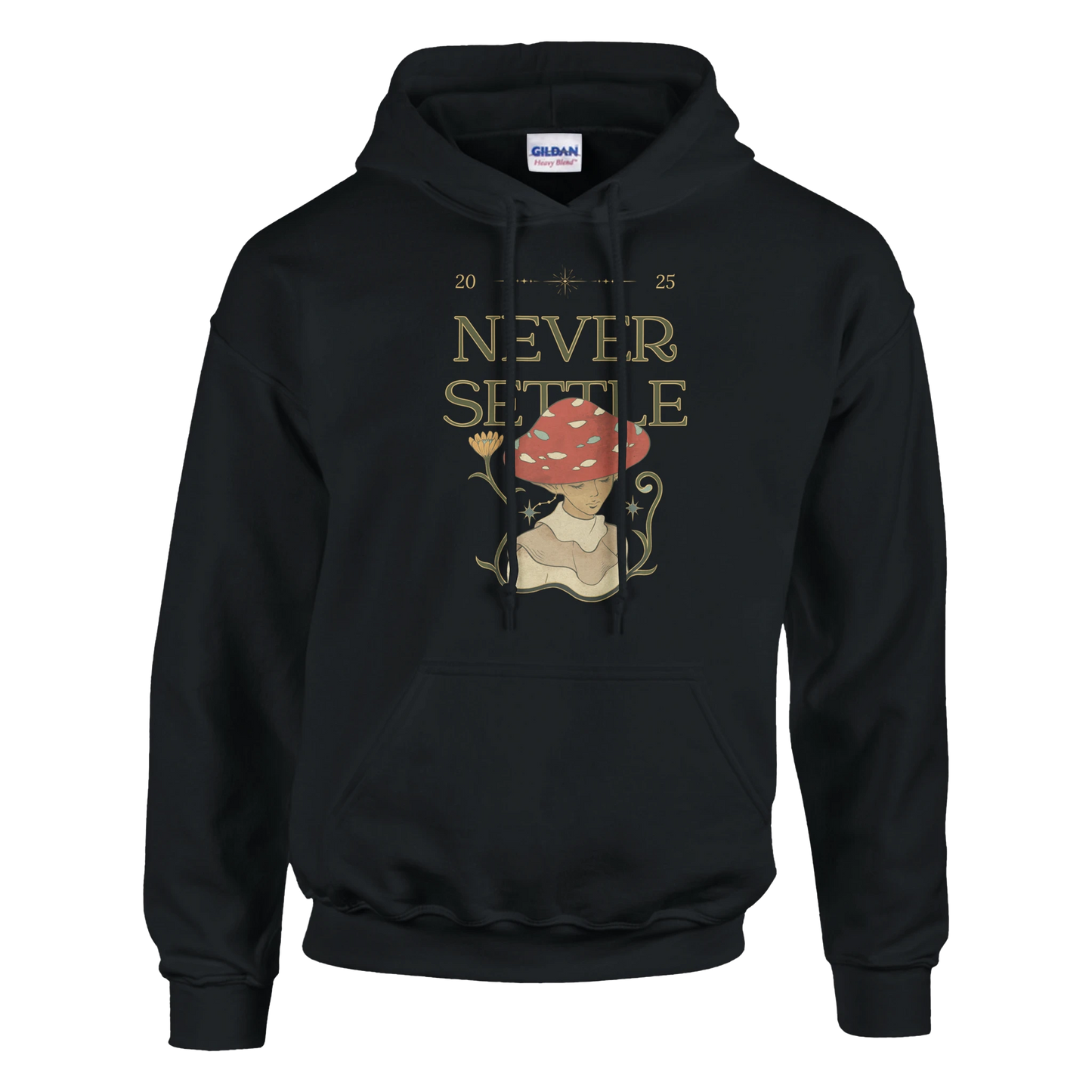 Never Settle Mushroom character design, cute motivational fungi illustration, Gildan 18500 fit and quality.