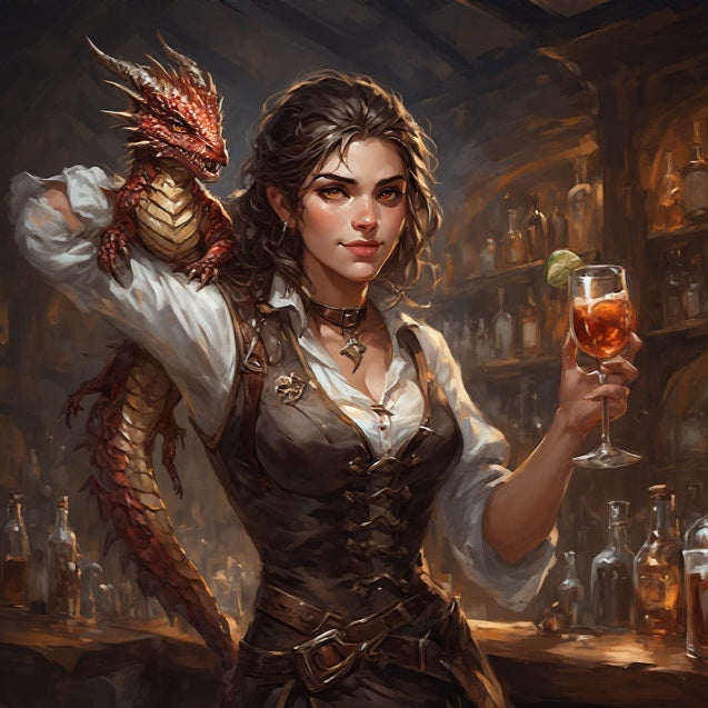 Kay with a dragon on her shoulder holding a drink in a bar setting