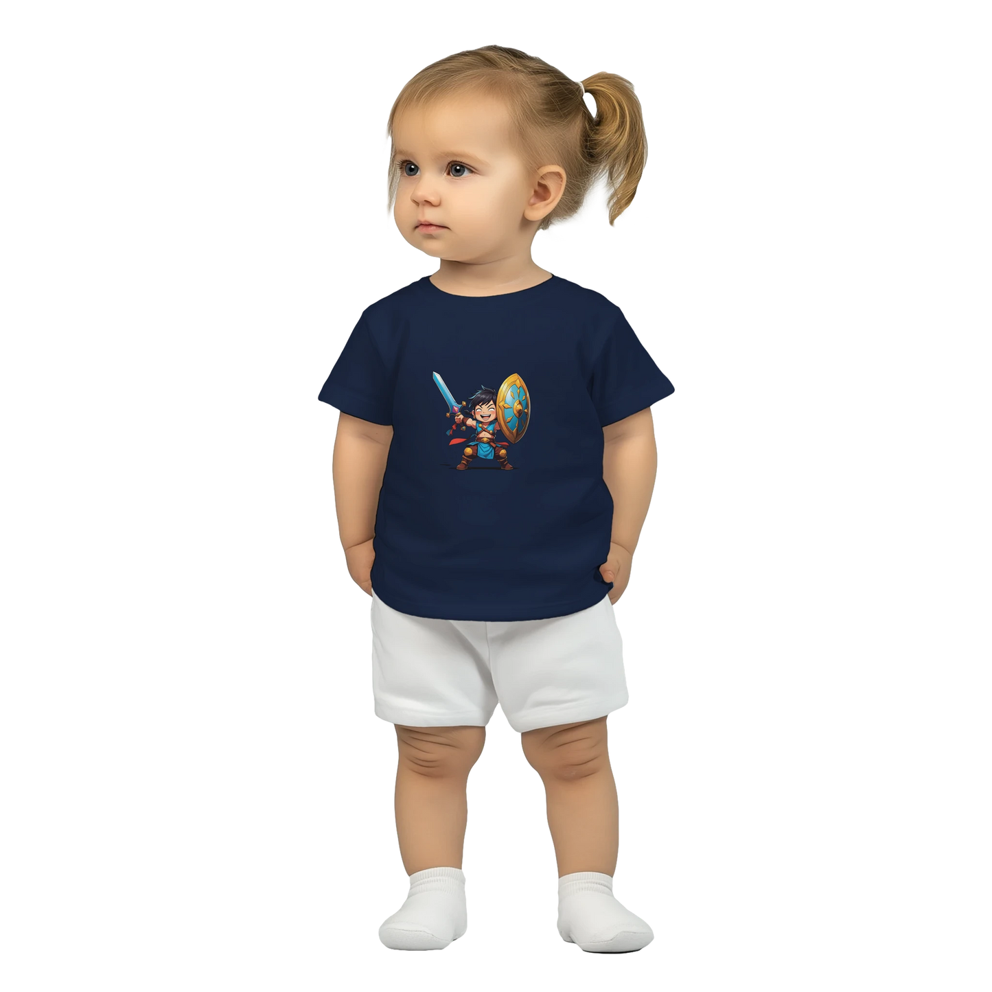 Baby t-shirt featuring a D&D-inspired fighter design with the subclass "Stick Sword Specialist." Illustrated with playful weapons and bold fantasy style