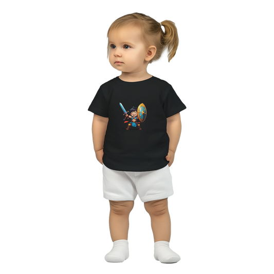 Baby t-shirt featuring a D&D-inspired fighter design with the subclass "Stick Sword Specialist." Illustrated with playful weapons and bold fantasy style