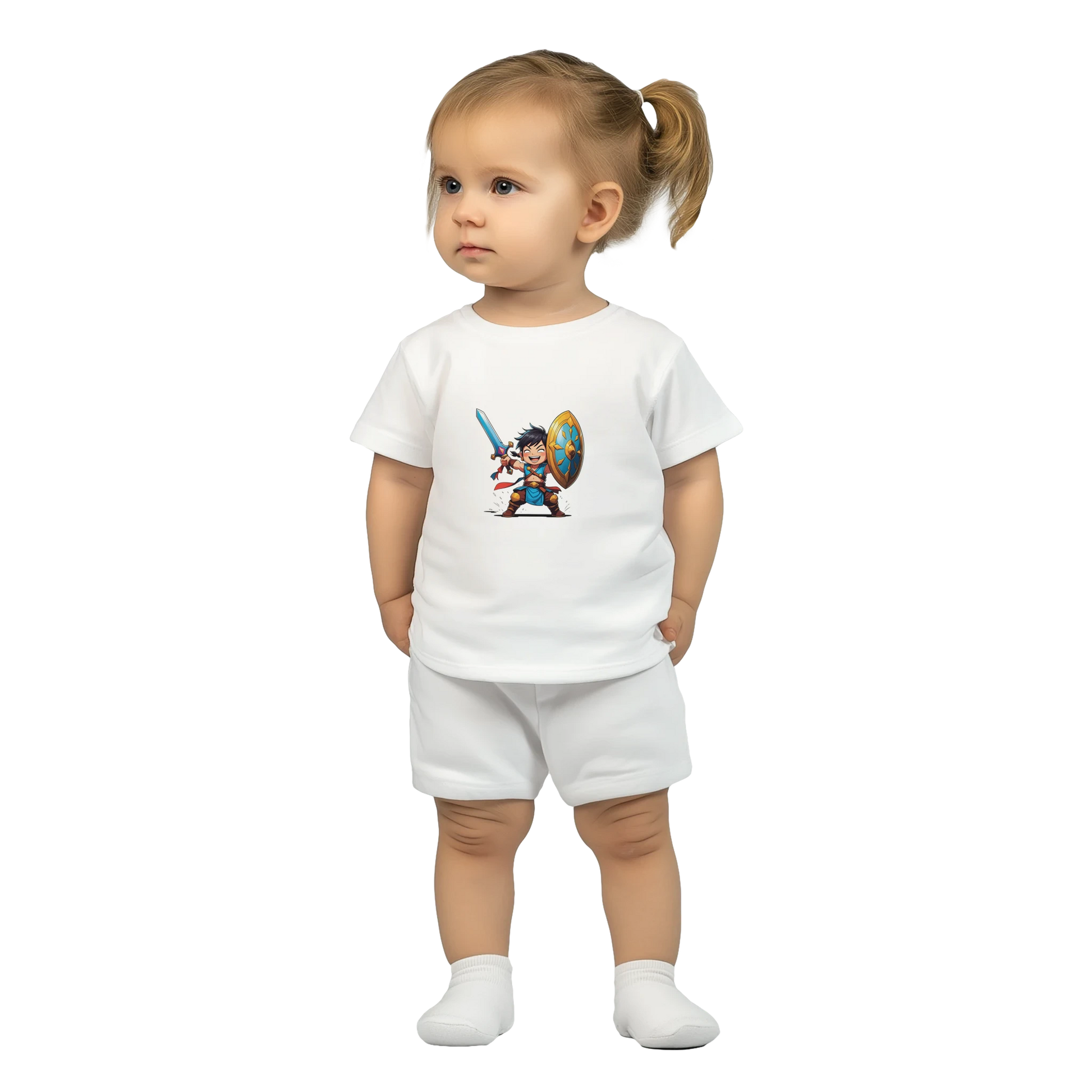 Baby t-shirt featuring a D&D-inspired fighter design with the subclass "Stick Sword Specialist." Illustrated with playful weapons and bold fantasy style