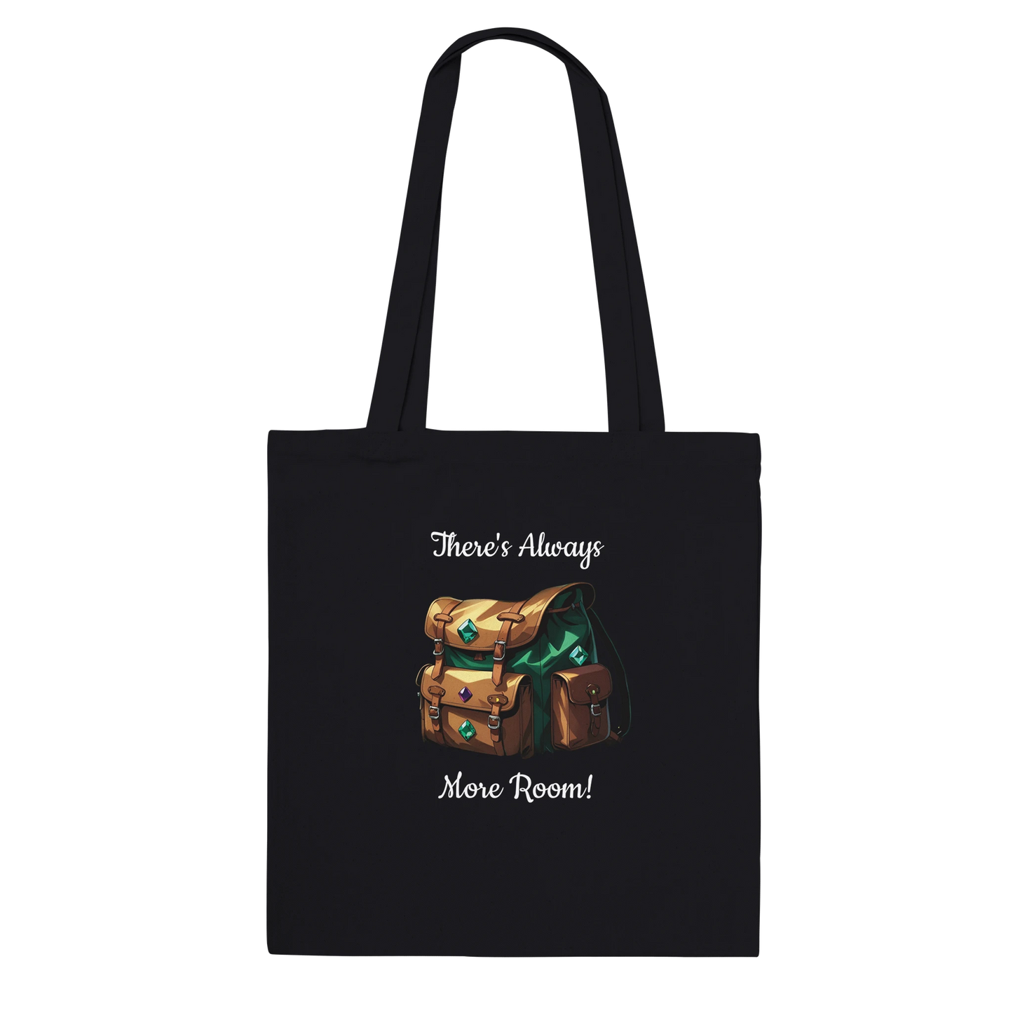 Natural canvas tote bag with 'There's Always Room For More' text in gaming-inspired font, perfect for tabletop gaming enthusiasts and everyday use.