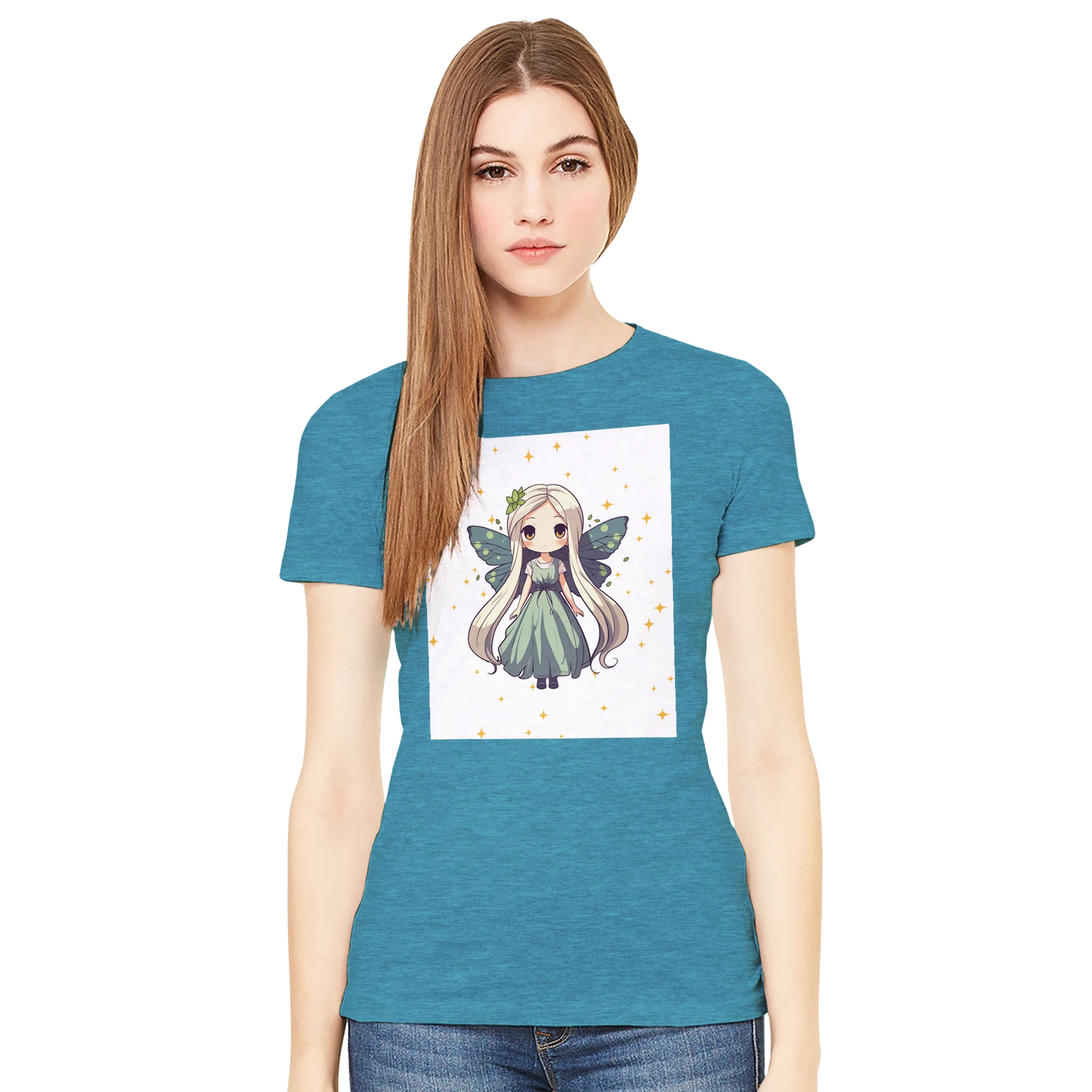 Chibi-style fairy princess graphic design on women's t-shirt, magical fantasy character illustration