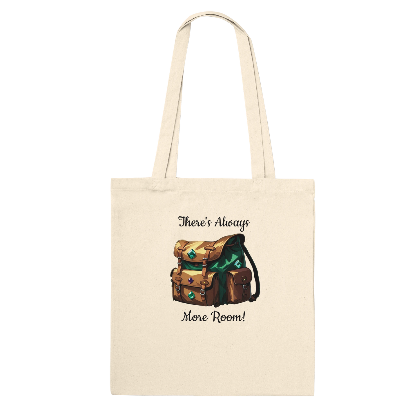 Natural canvas tote bag with 'There's Always Room For More' text in gaming-inspired font, perfect for tabletop gaming enthusiasts and everyday use.