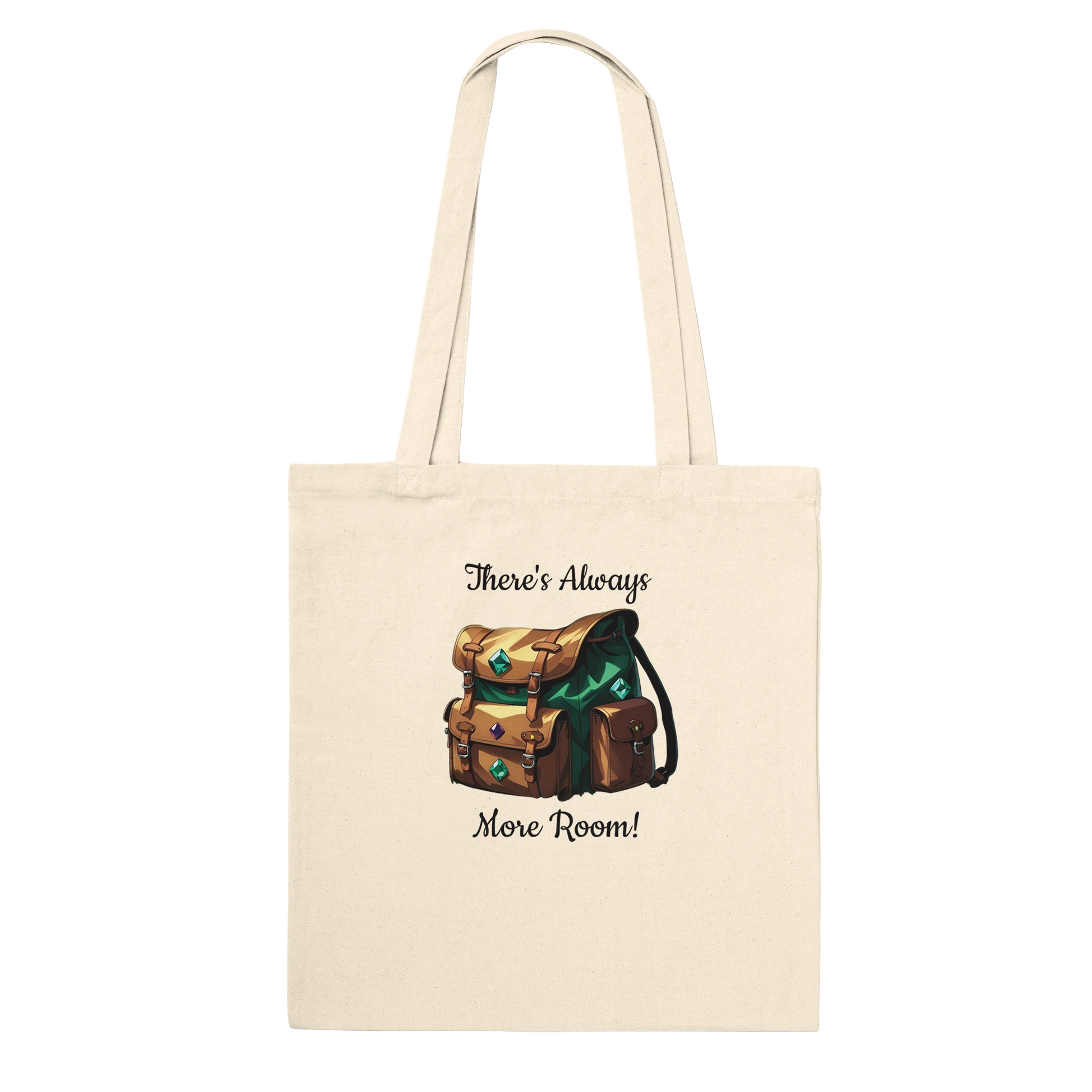 Natural canvas tote bag with 'There's Always Room For More' text in gaming-inspired font, perfect for tabletop gaming enthusiasts and everyday use.