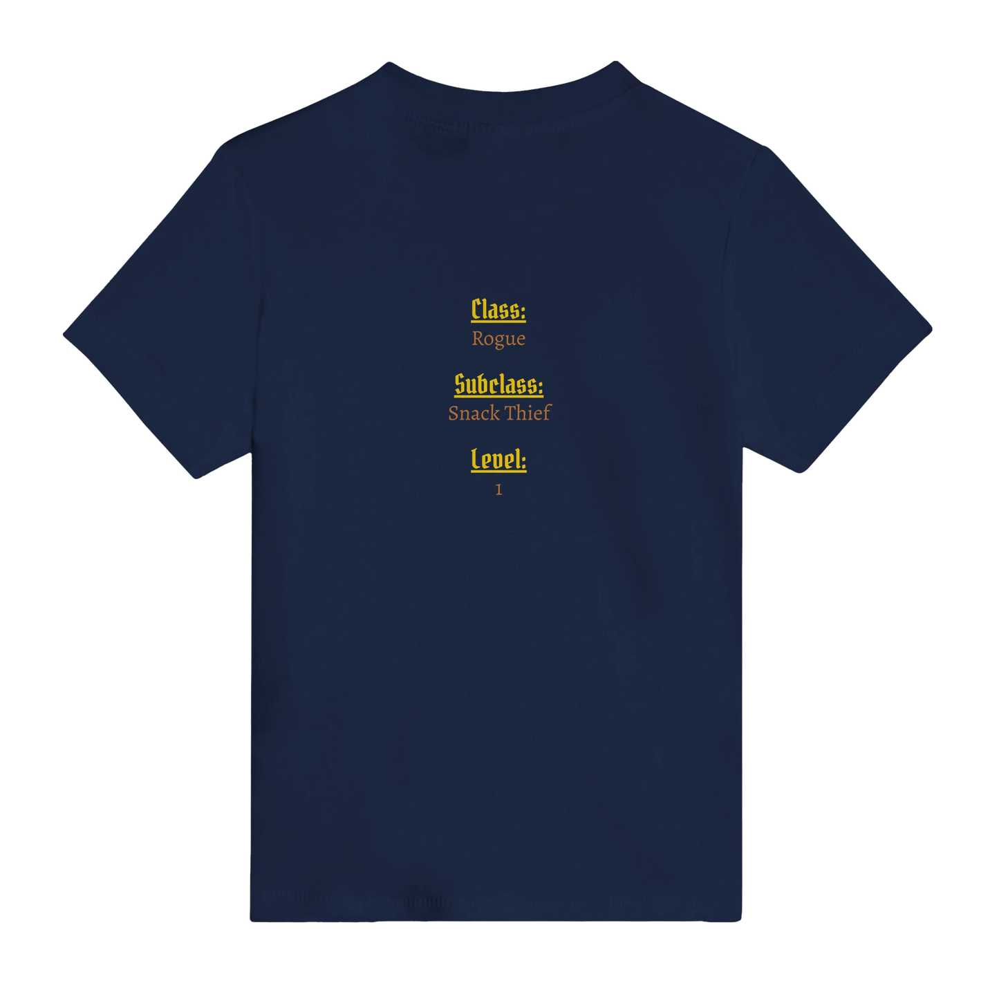 Rogue Duo Lvl 1 Snack Thief t-shirt with gaming-themed design
