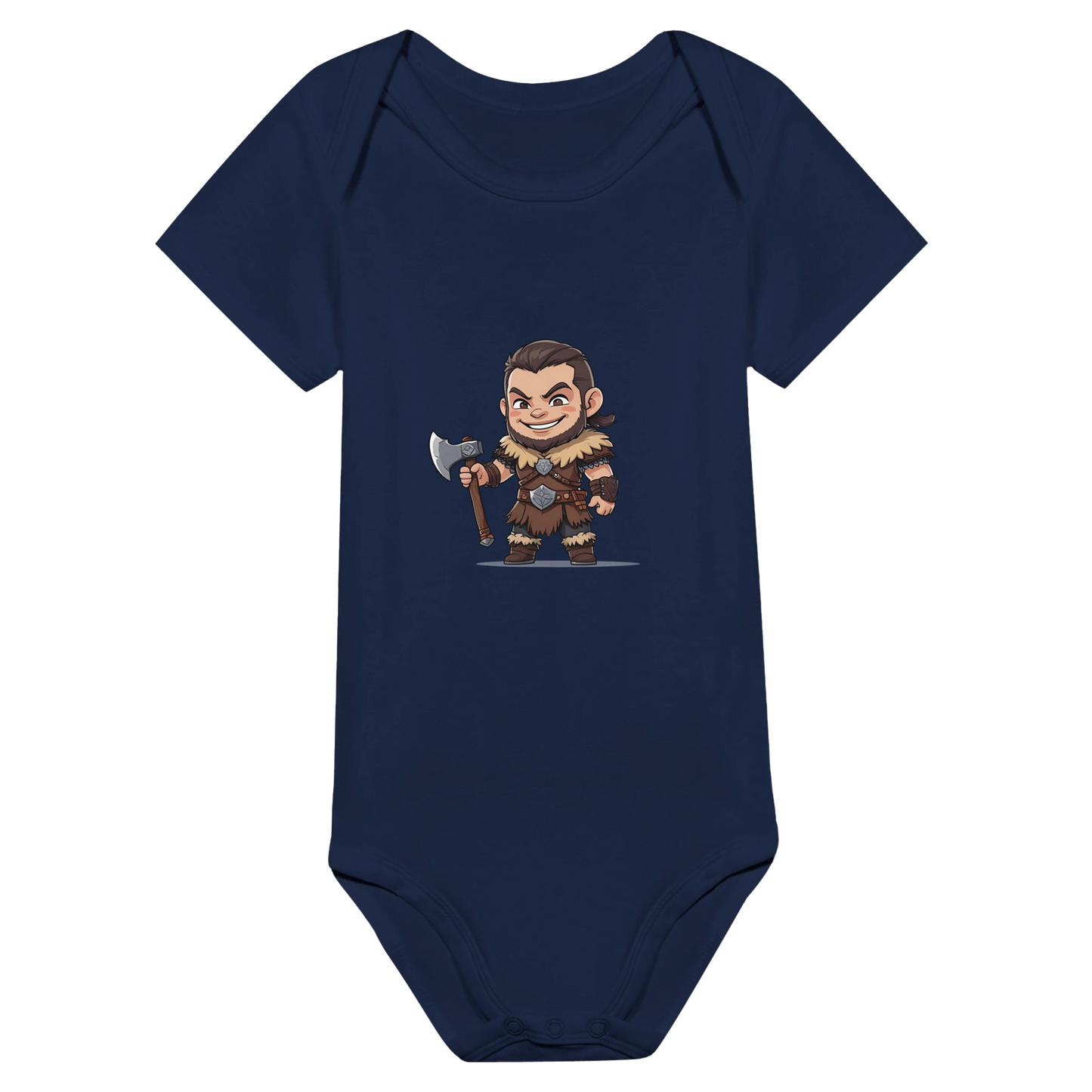 Baby-Barian Boy short sleeve bodysuit featuring cute gaming barbarian character design for infants