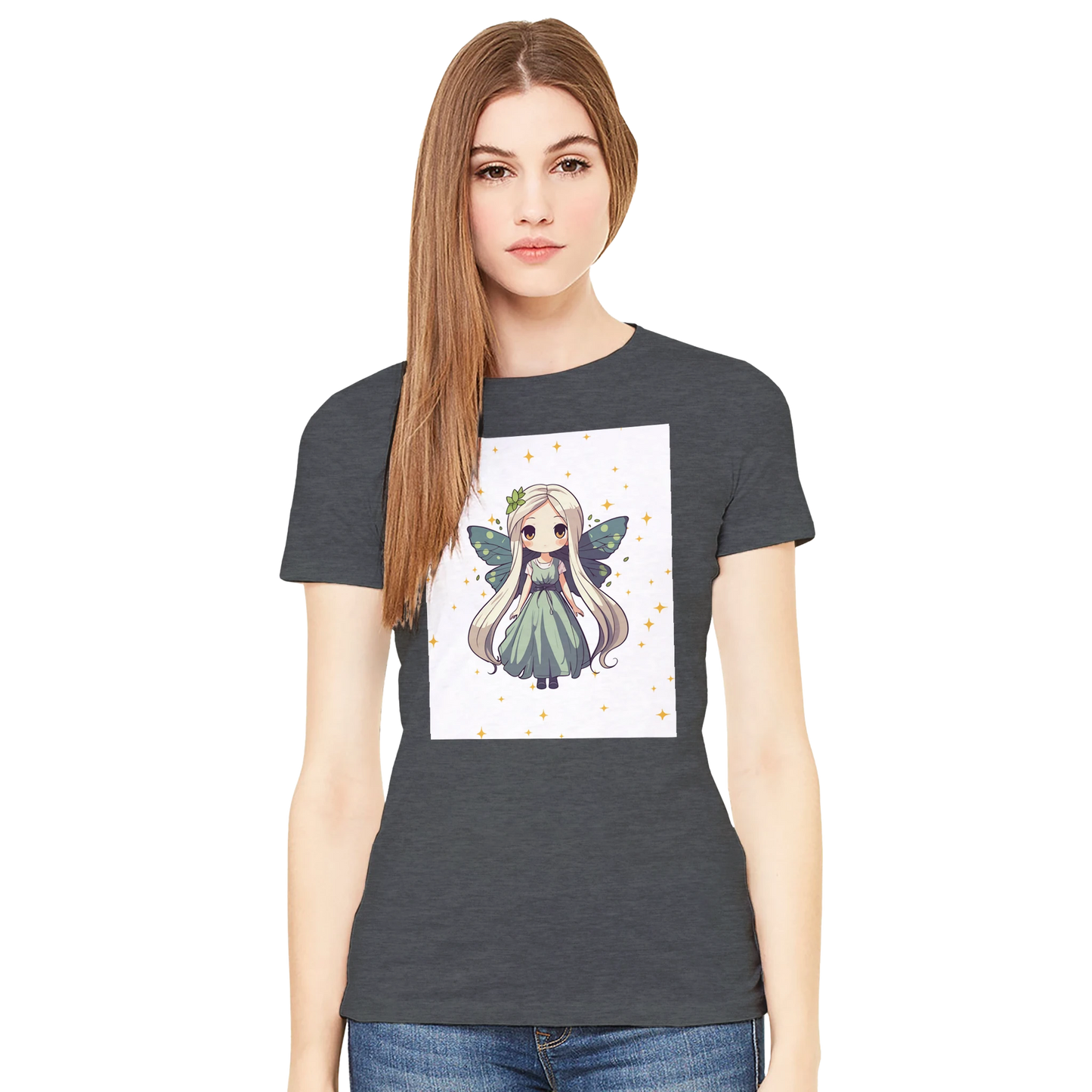 Black Fairy Princess women's t-shirt front view, 100% cotton with cute chibi fairy graphic