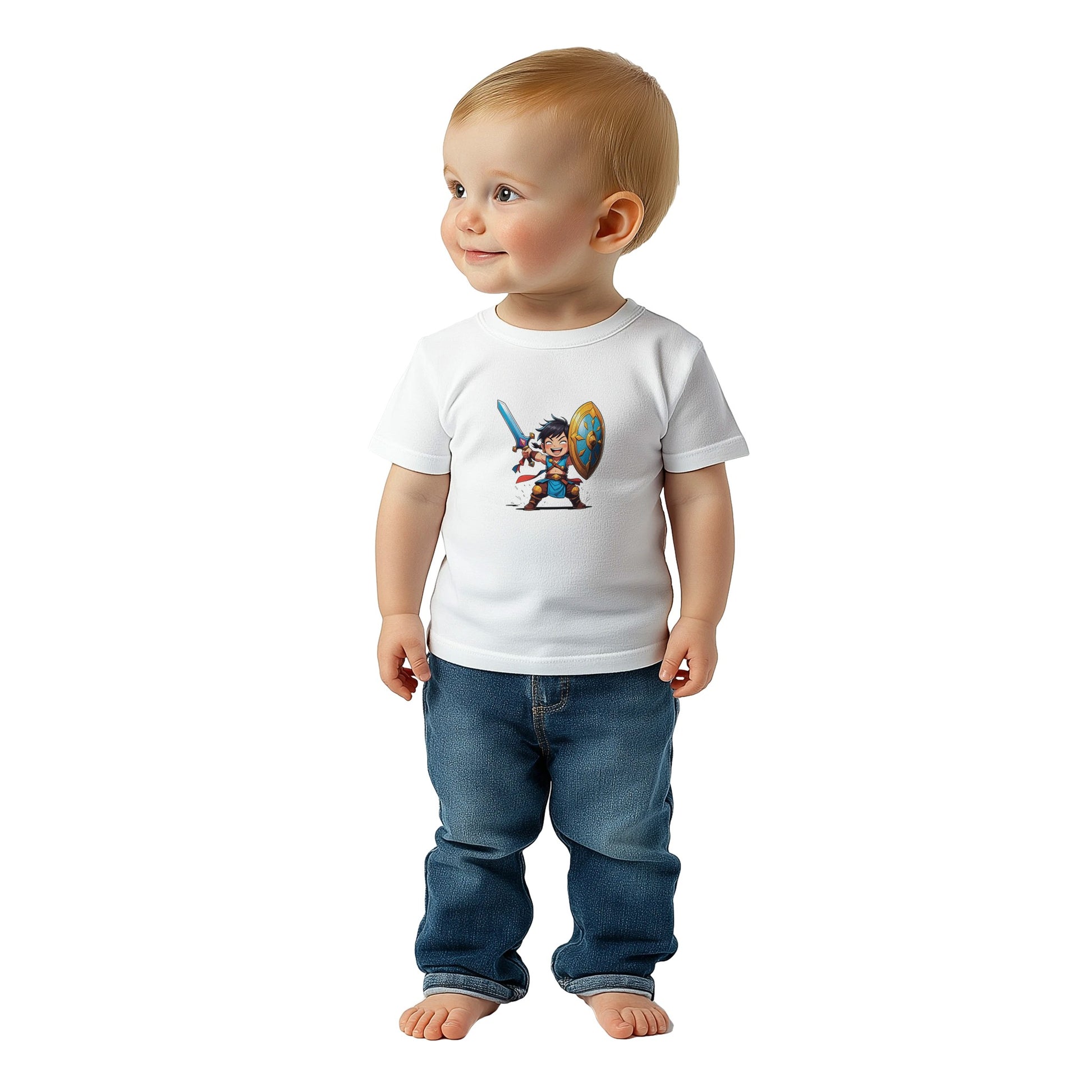 Baby shirt featuring a D&D-inspired fighter design. Includes fantasy-themed artwork with bold weapons and playful, adventurous style for little warriors.
