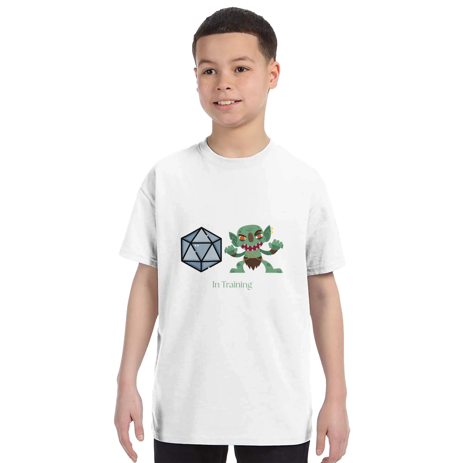 Young gamer wearing Dice Goblin t-shirt - tabletop gaming kids clothing