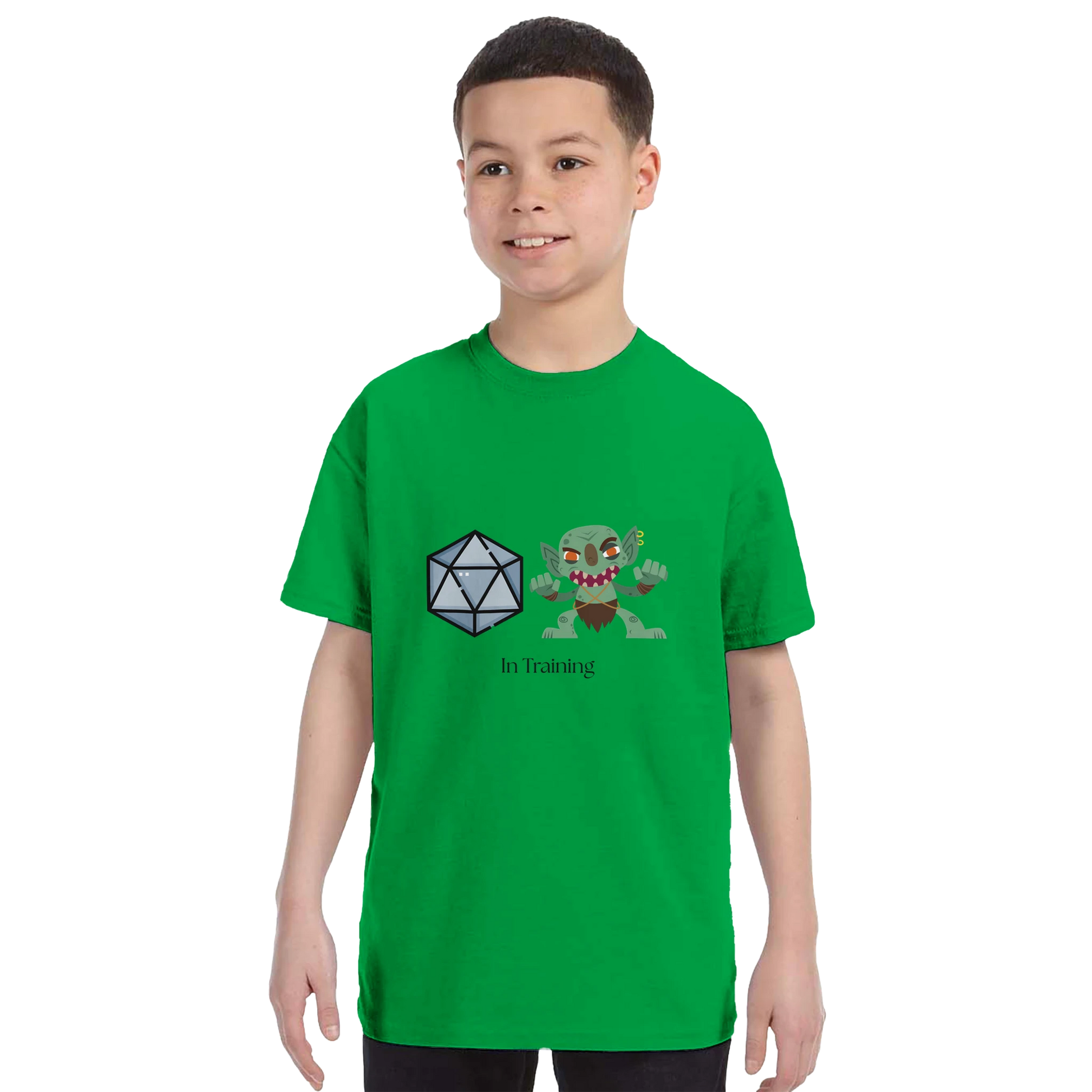 Young gamer wearing Dice Goblin t-shirt - tabletop gaming kids clothing