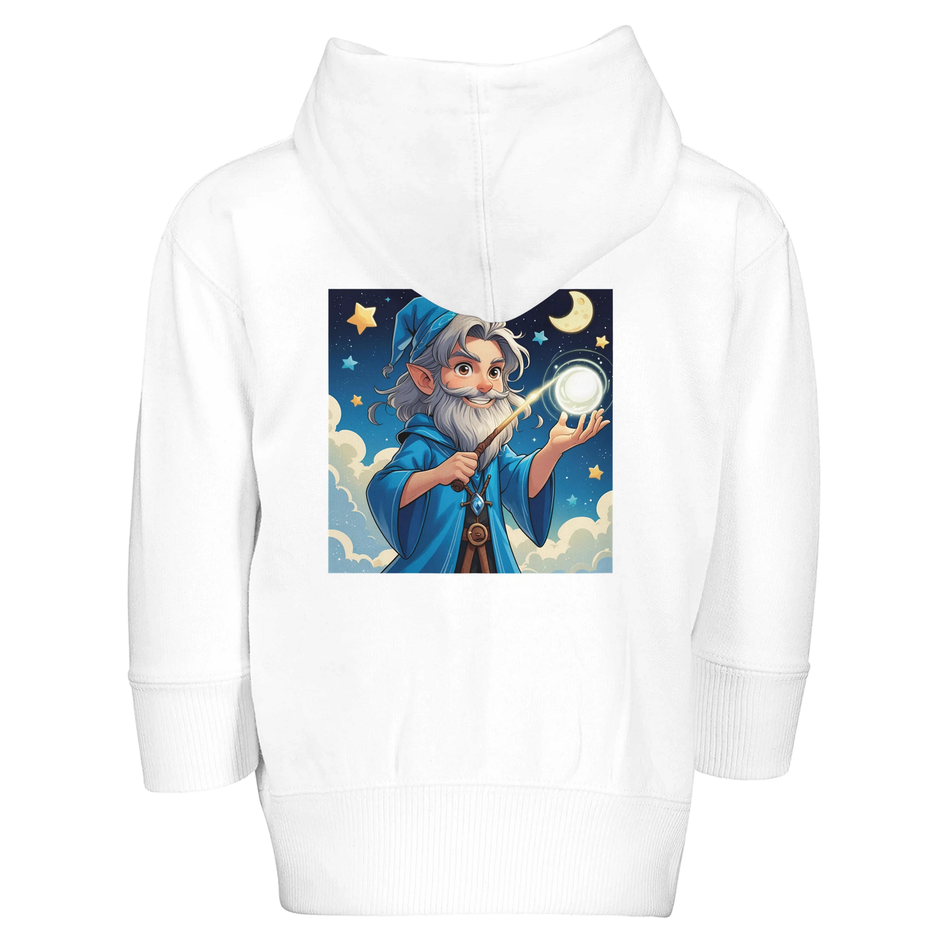 Soft fleece hoodie for infants featuring 'Little Wizard' design with magical graphics, perfect for babies and toddlers of fantasy gaming families.