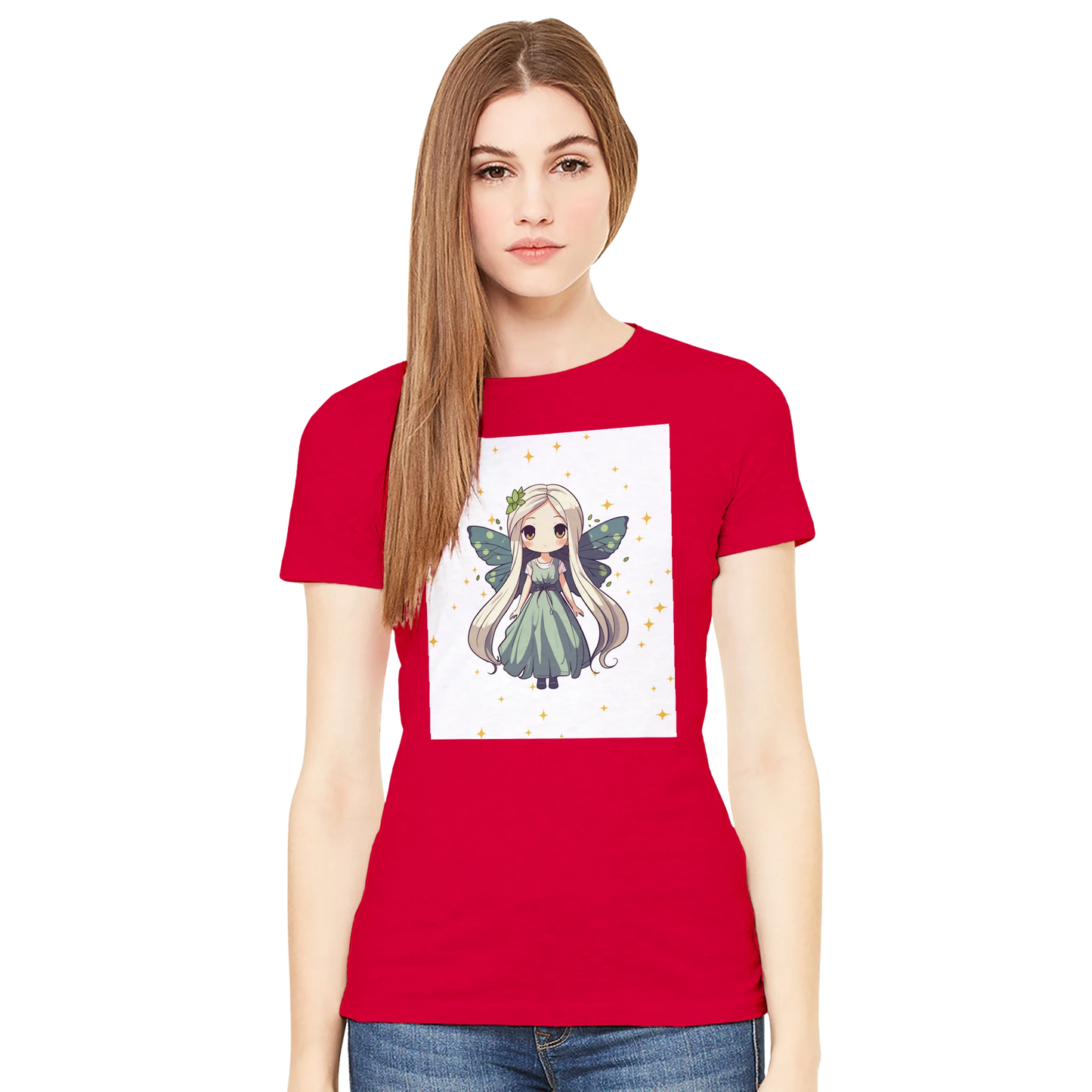 Chibi-style fairy princess graphic design on women's t-shirt, magical fantasy character illustration