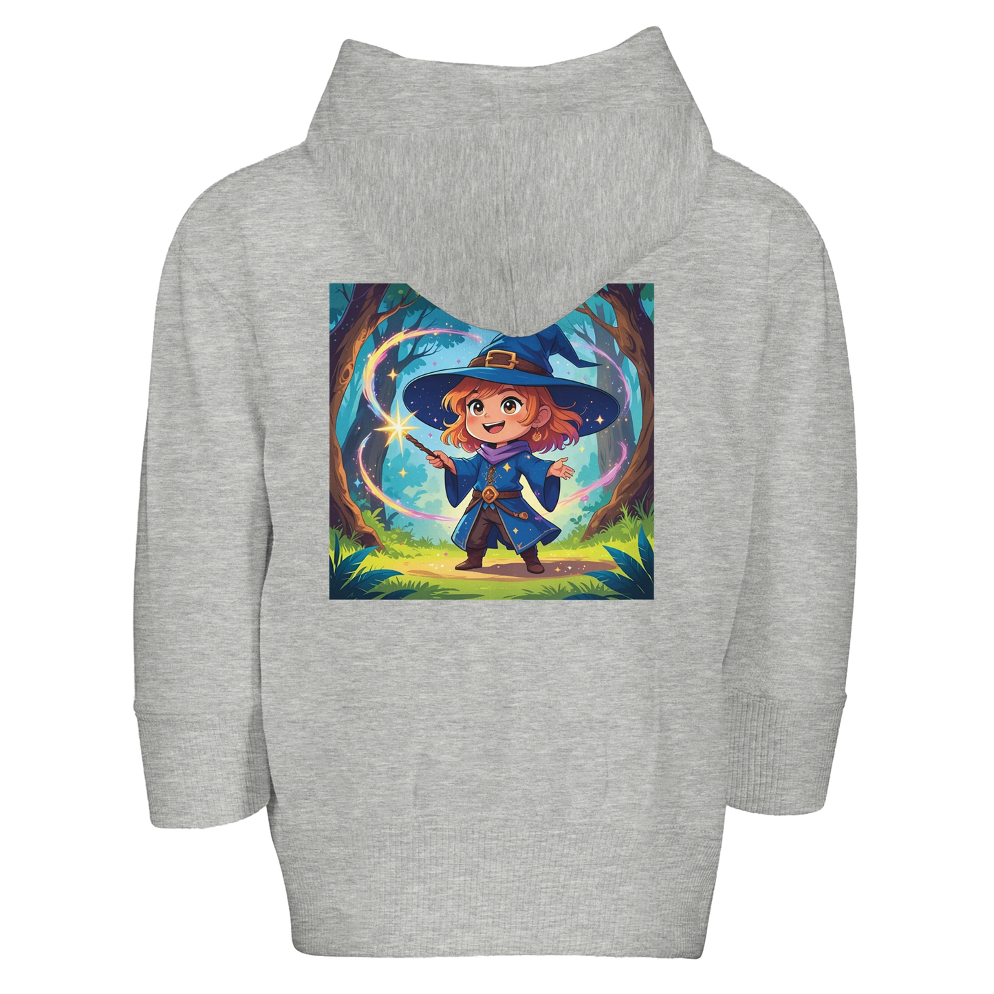 Soft fleece zip-up hoodie for toddlers featuring 'Little Sorcerer' design with magical graphics, perfect for young children of fantasy gaming families
