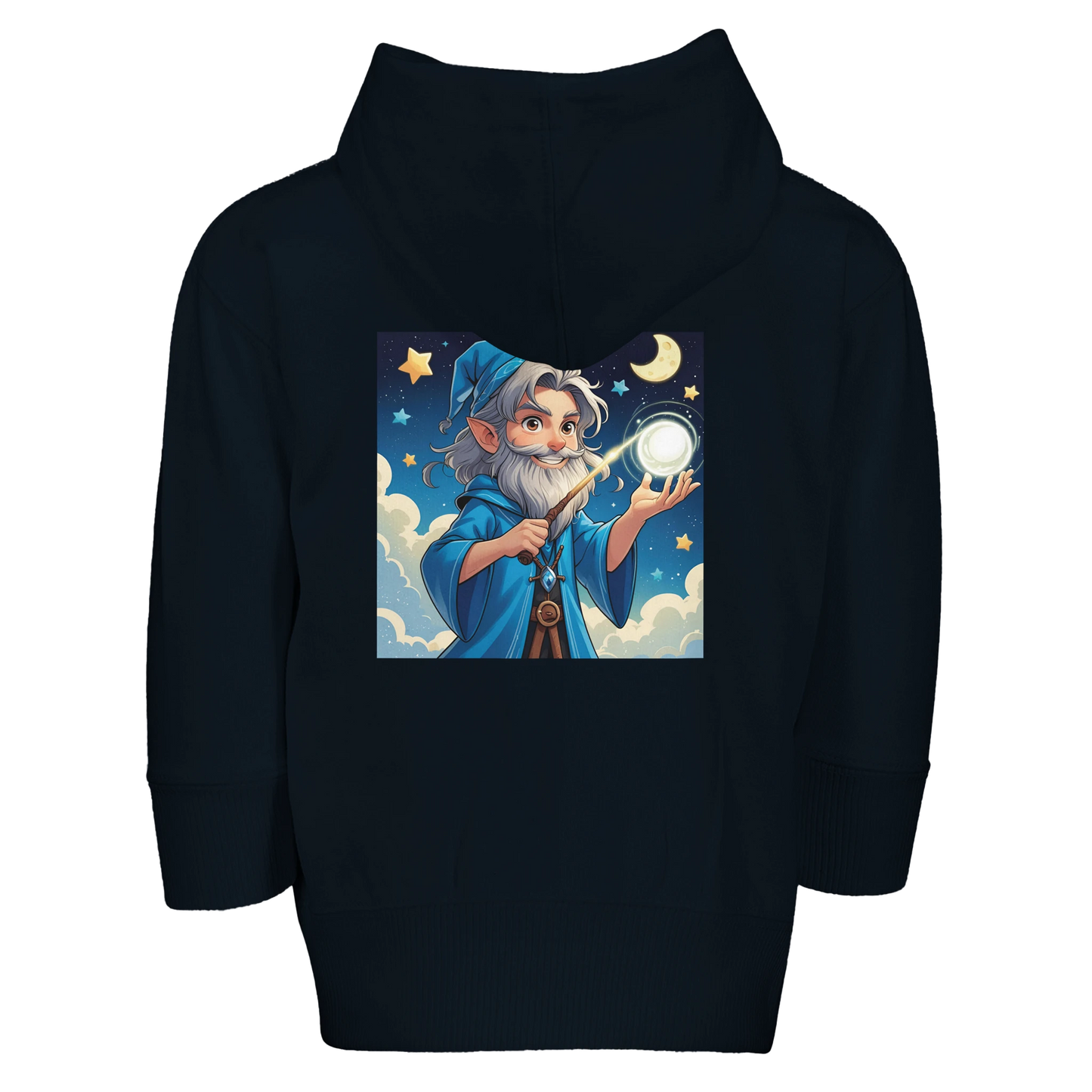 Soft fleece hoodie for infants featuring 'Little Wizard' design with magical graphics, perfect for babies and toddlers of fantasy gaming families.