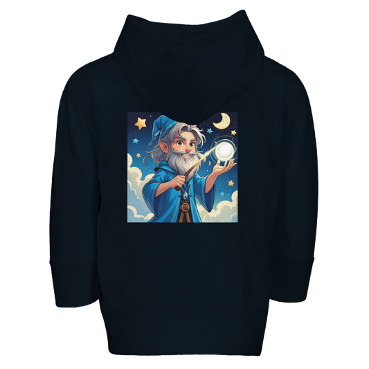 Soft fleece hoodie for infants featuring 'Little Wizard' design with magical graphics, perfect for babies and toddlers of fantasy gaming families.