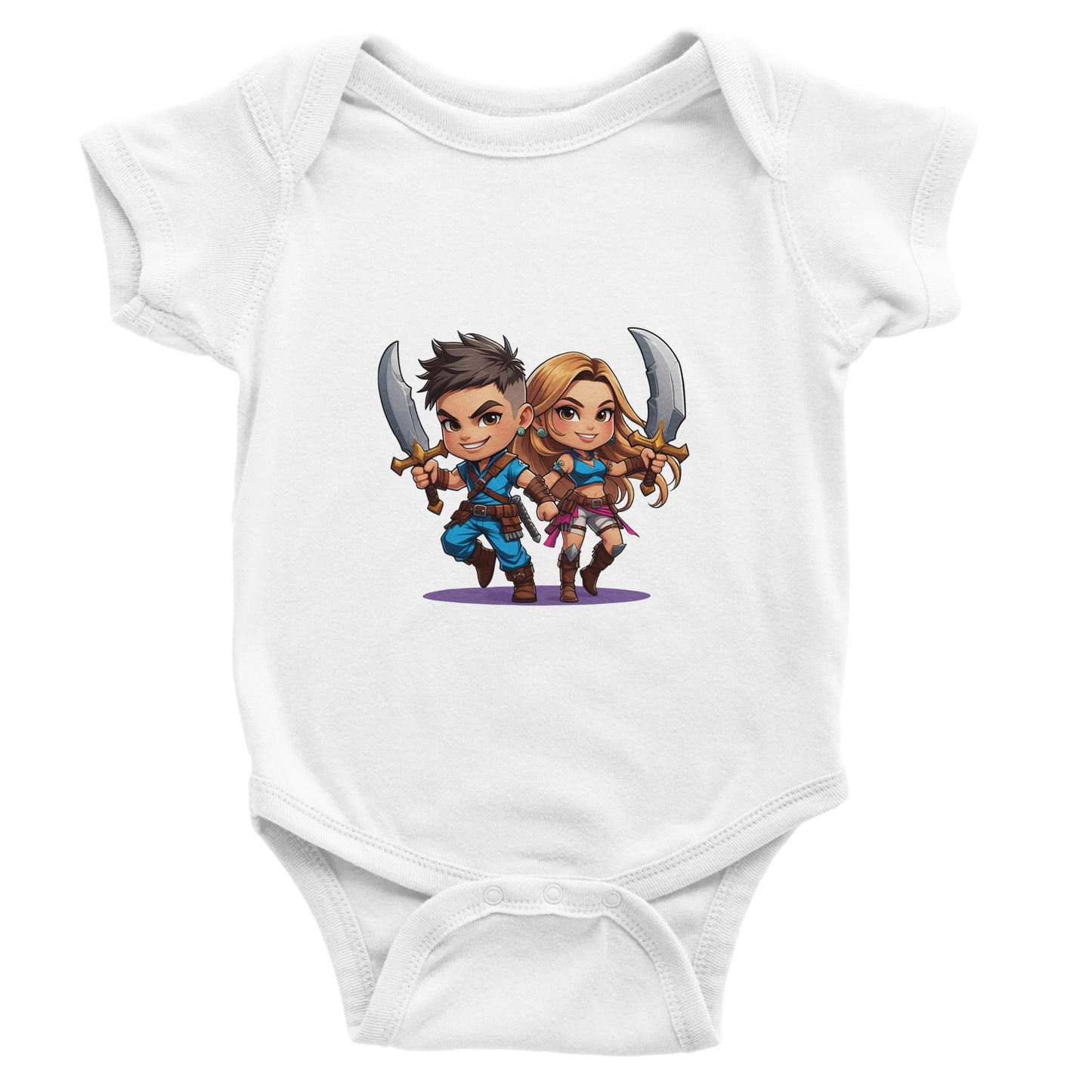 Gaming-themed baby bodysuit with 'Snack Thief' text and RPG-style level 1 character design