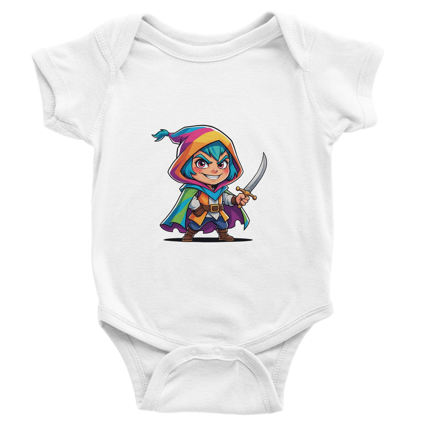 Infant onsie with fantasy-themed “Level 1 Rogue” text in white. D&D-inspired baby outfit perfect for game nights, baby showers, or nerdy parents. 