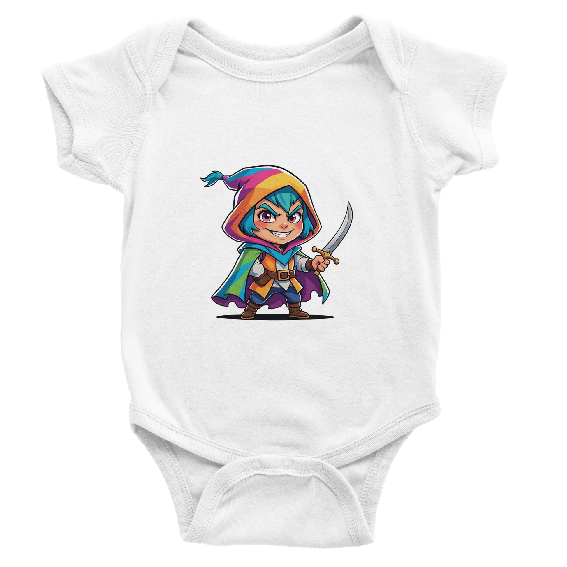Infant onsie with fantasy-themed “Level 1 Rogue” text in white. D&D-inspired baby outfit perfect for game nights, baby showers, or nerdy parents. 