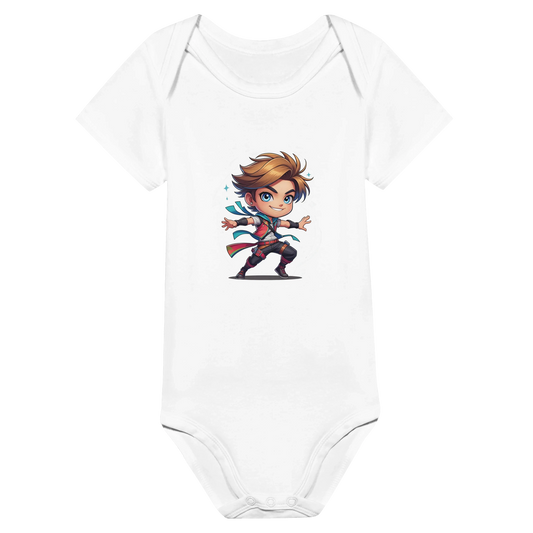 Infant onsie with fantasy-themed “Level 1 Rogue” text in white. D&D-inspired baby outfit perfect for game nights, baby showers, or nerdy parents. 