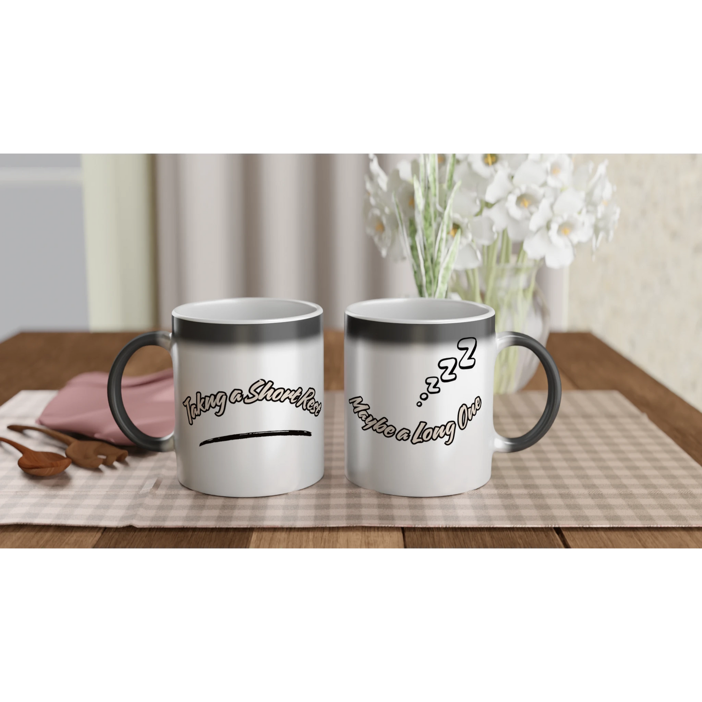 White ceramic mug with 'Magic Long or Short Rest' text design, perfect for tabletop gaming enthusiasts and coffee lovers.