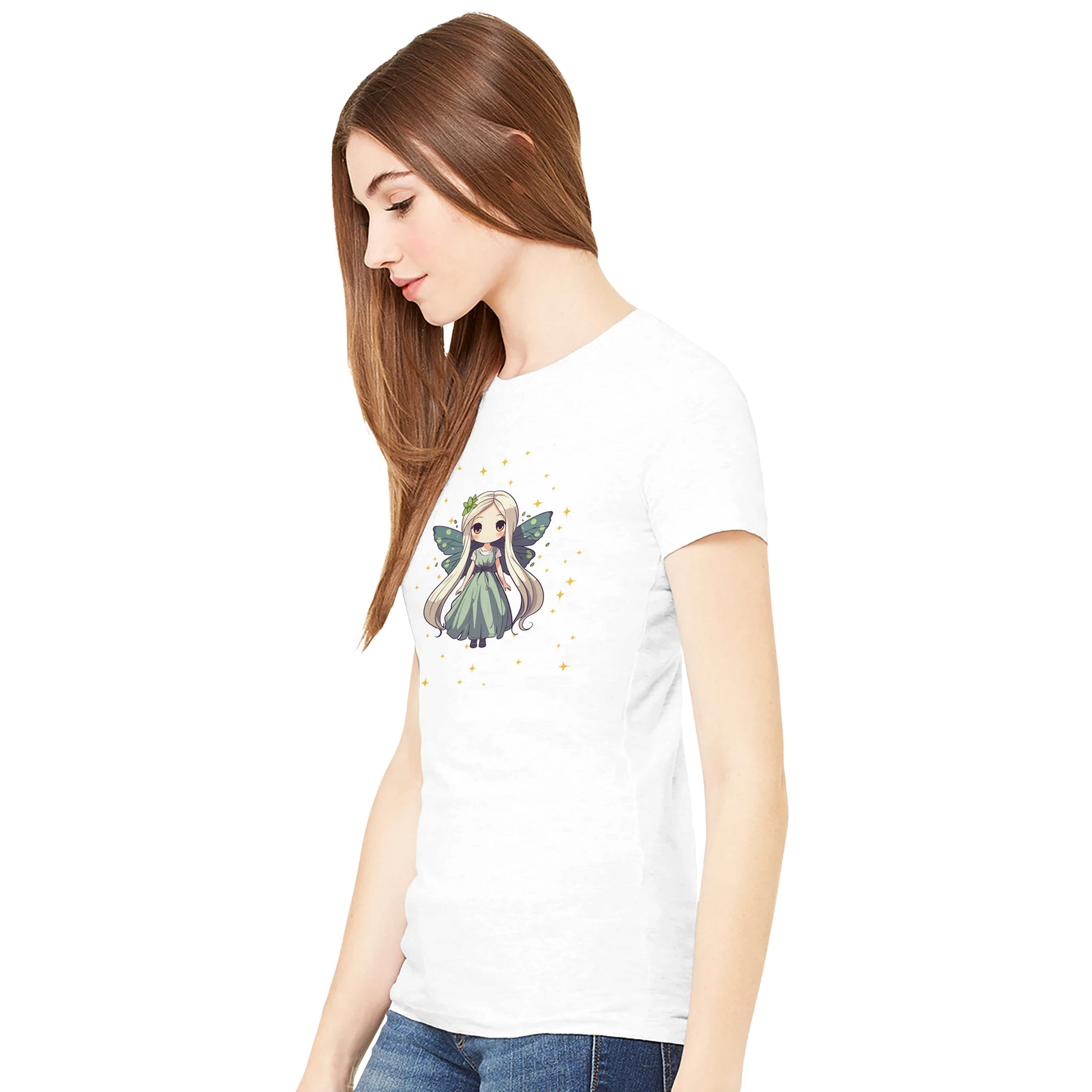 Chibi-style fairy princess graphic design on women's t-shirt, magical fantasy character illustration