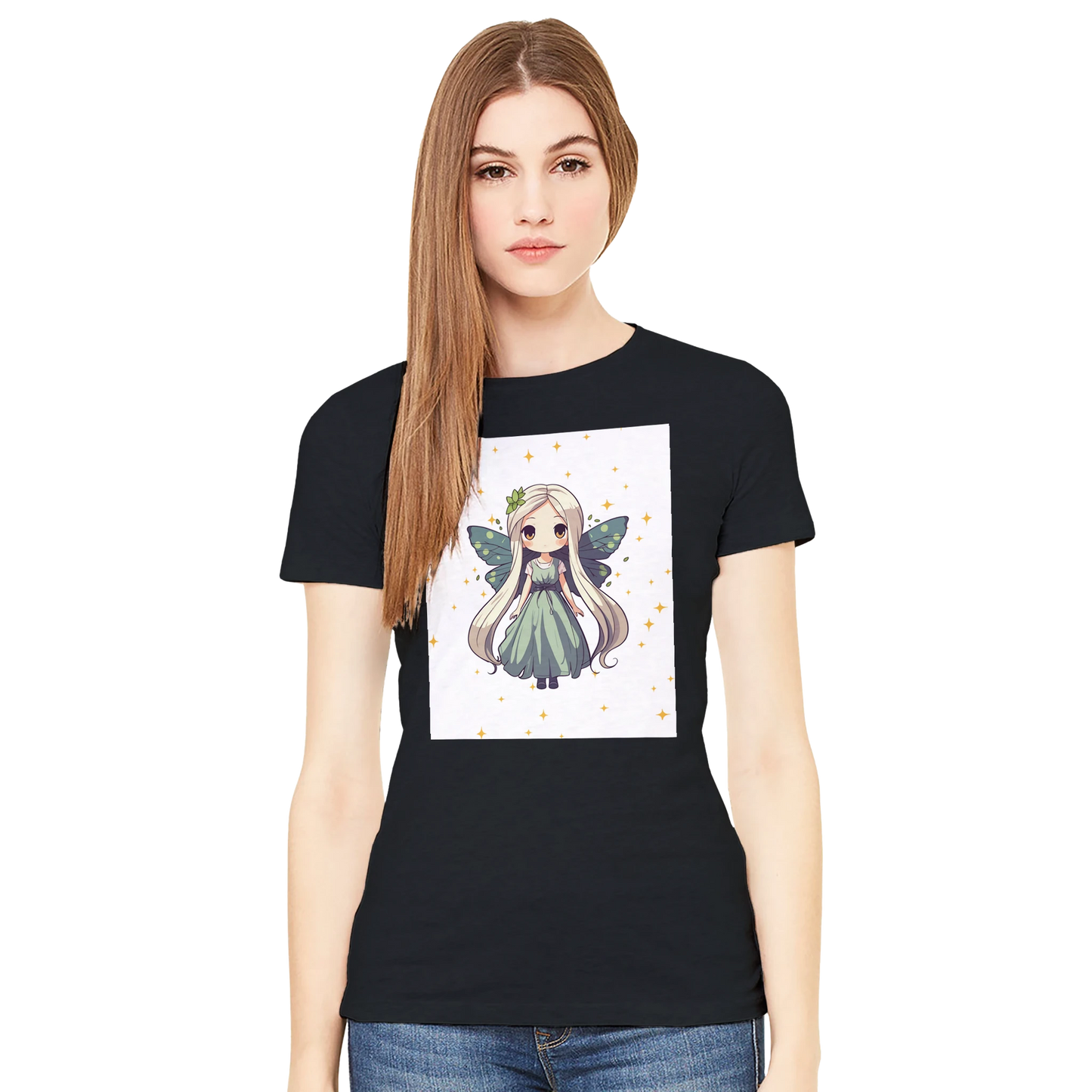 Chibi-style fairy princess graphic design on women's t-shirt, magical fantasy character illustration