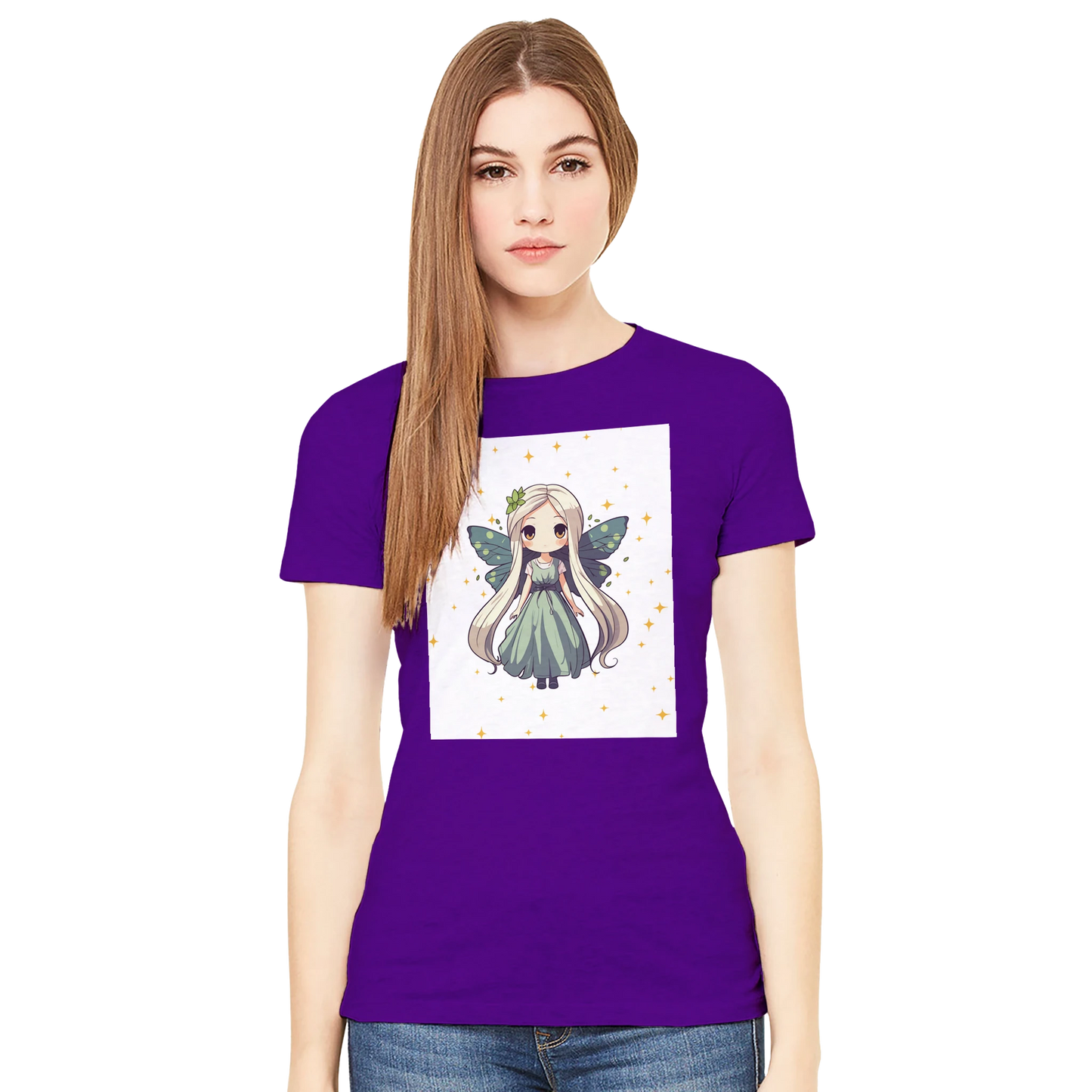 Chibi-style fairy princess graphic design on women's t-shirt, magical fantasy character illustration