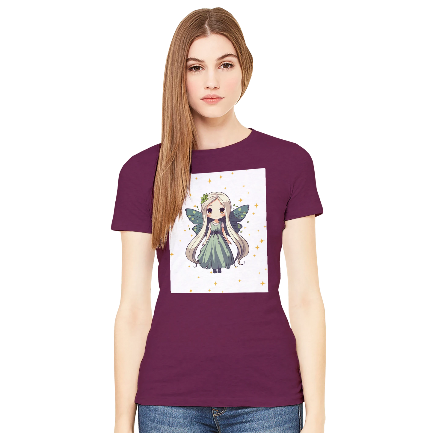 Chibi-style fairy princess graphic design on women's t-shirt, magical fantasy character illustration