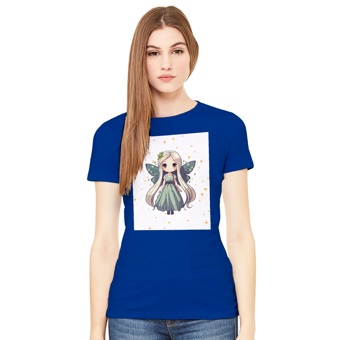 Chibi-style fairy princess graphic design on women's t-shirt, magical fantasy character illustration