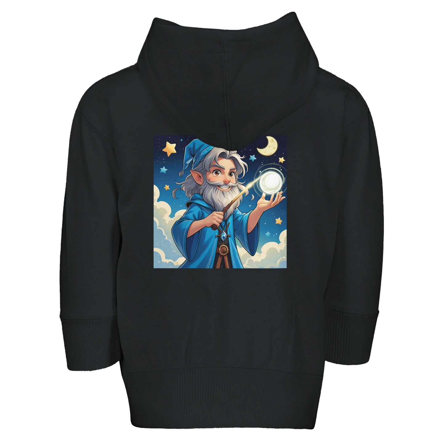 Soft fleece hoodie for infants featuring 'Little Wizard' design with magical graphics, perfect for babies and toddlers of fantasy gaming families.