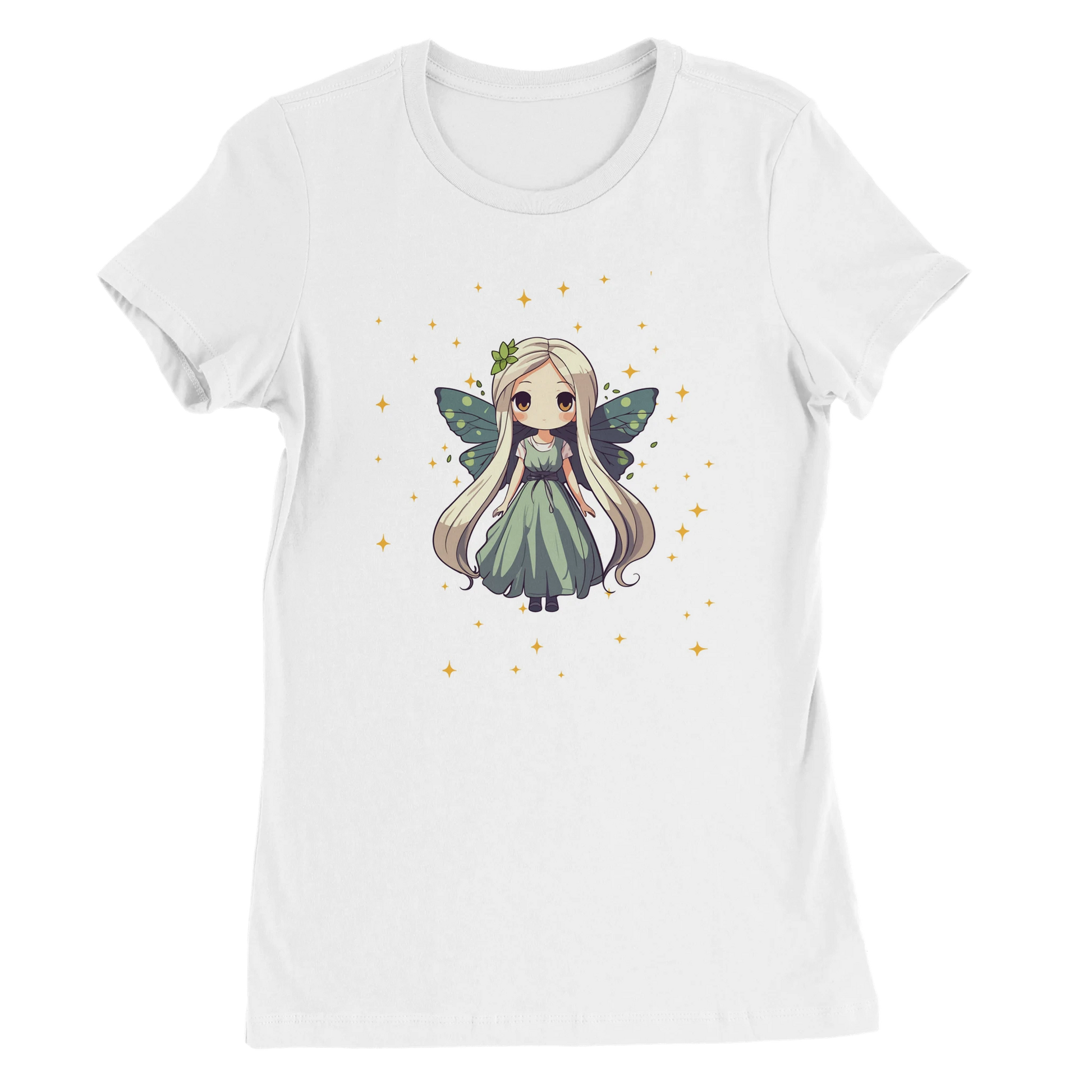 Chibi-style fairy princess graphic design on women's t-shirt, magical fantasy character illustration