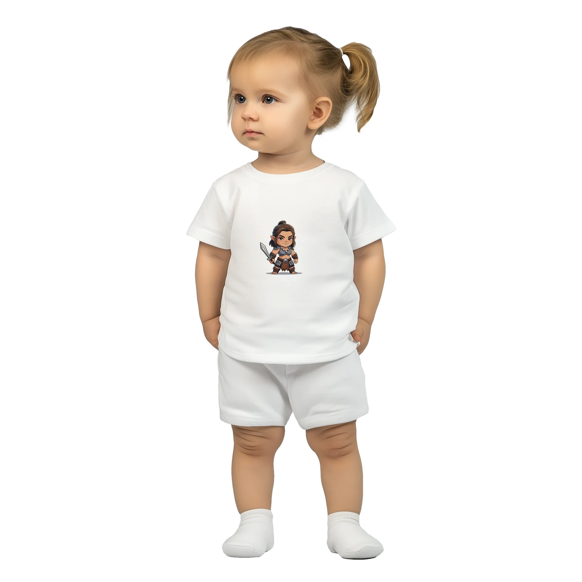 Baby-barian girl Lvl 1 t-shirt featuring gaming barbarian character design with level 1 badge