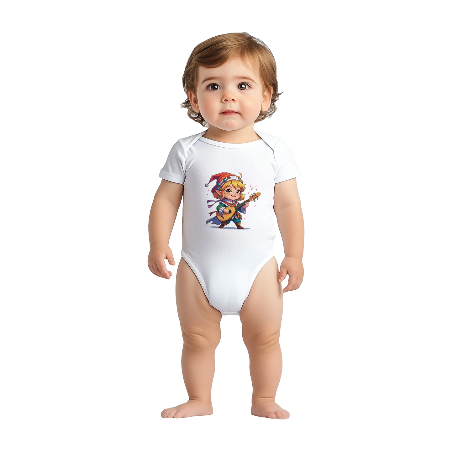 Baby onsie featuring a D&D-inspired bard design with whimsical musical elements. Ideal for little performers with a love for sound and sparkle.