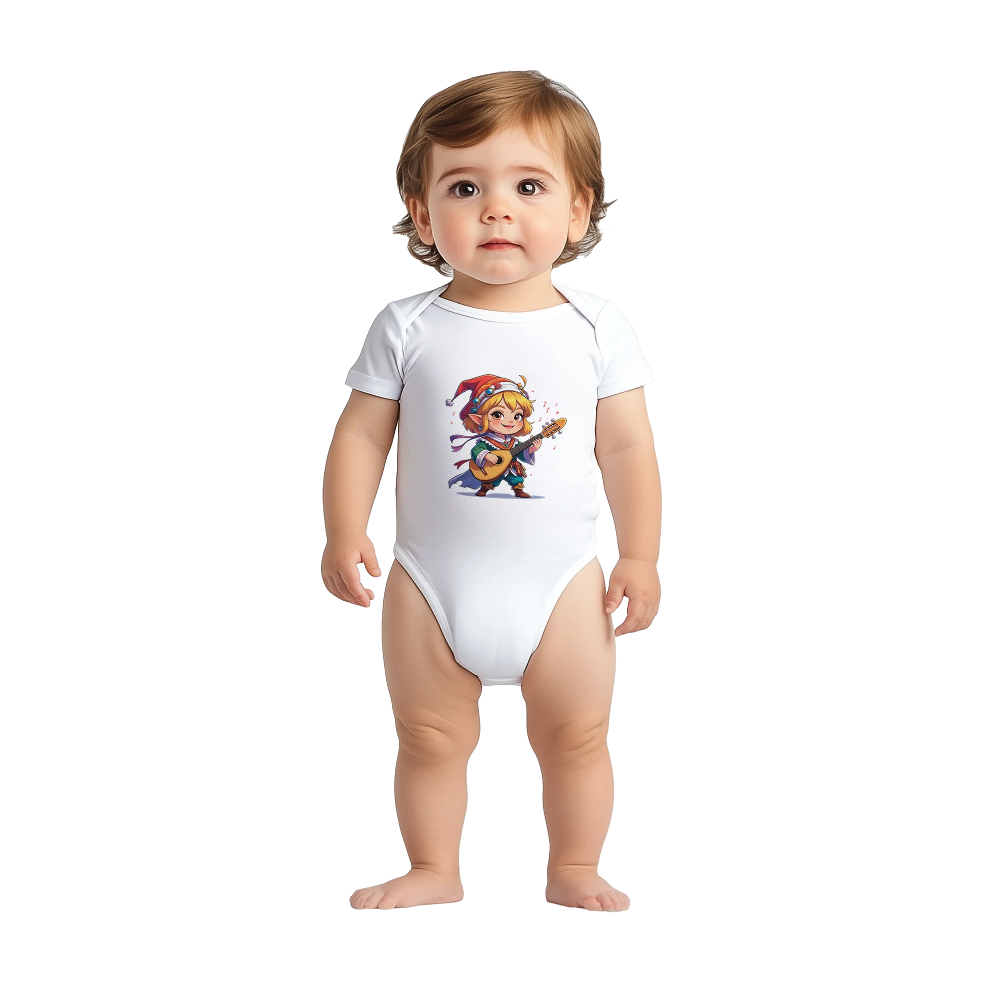 Baby onsie featuring a D&D-inspired bard design with whimsical musical elements. Ideal for little performers with a love for sound and sparkle.