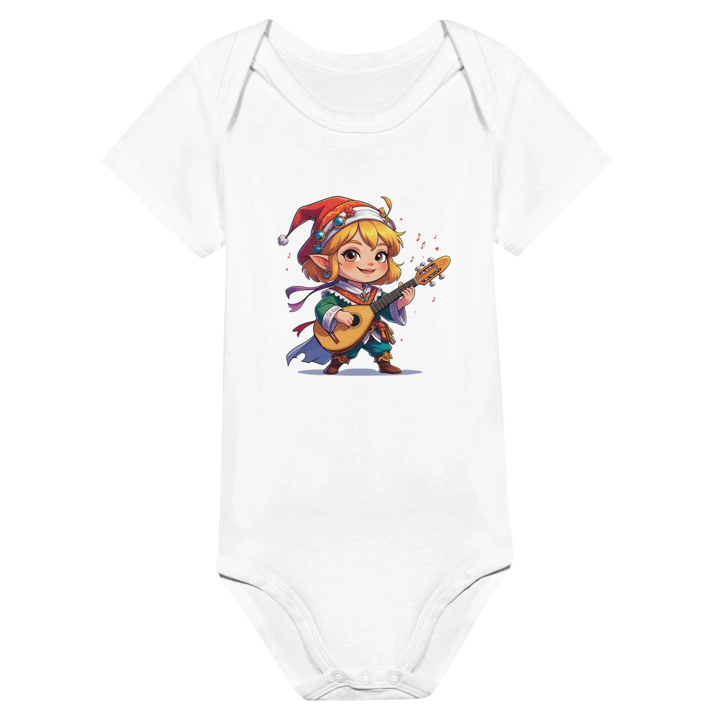 Baby onsie featuring a D&D-inspired chibi bard design. Ideal for little performers with a love for sound and sparkle.