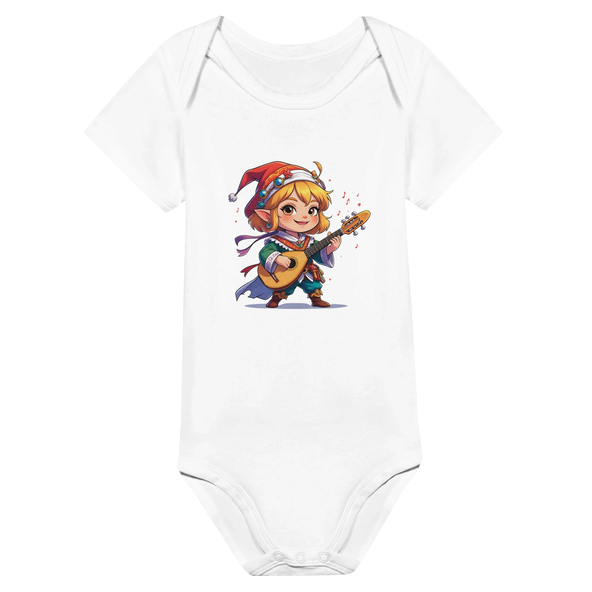 Baby onsie featuring a D&D-inspired chibi bard design. Ideal for little performers with a love for sound and sparkle.