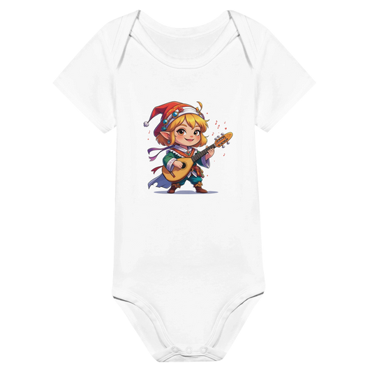 Baby onsie featuring a D&D-inspired chibi bard design. Ideal for little performers with a love for sound and sparkle.