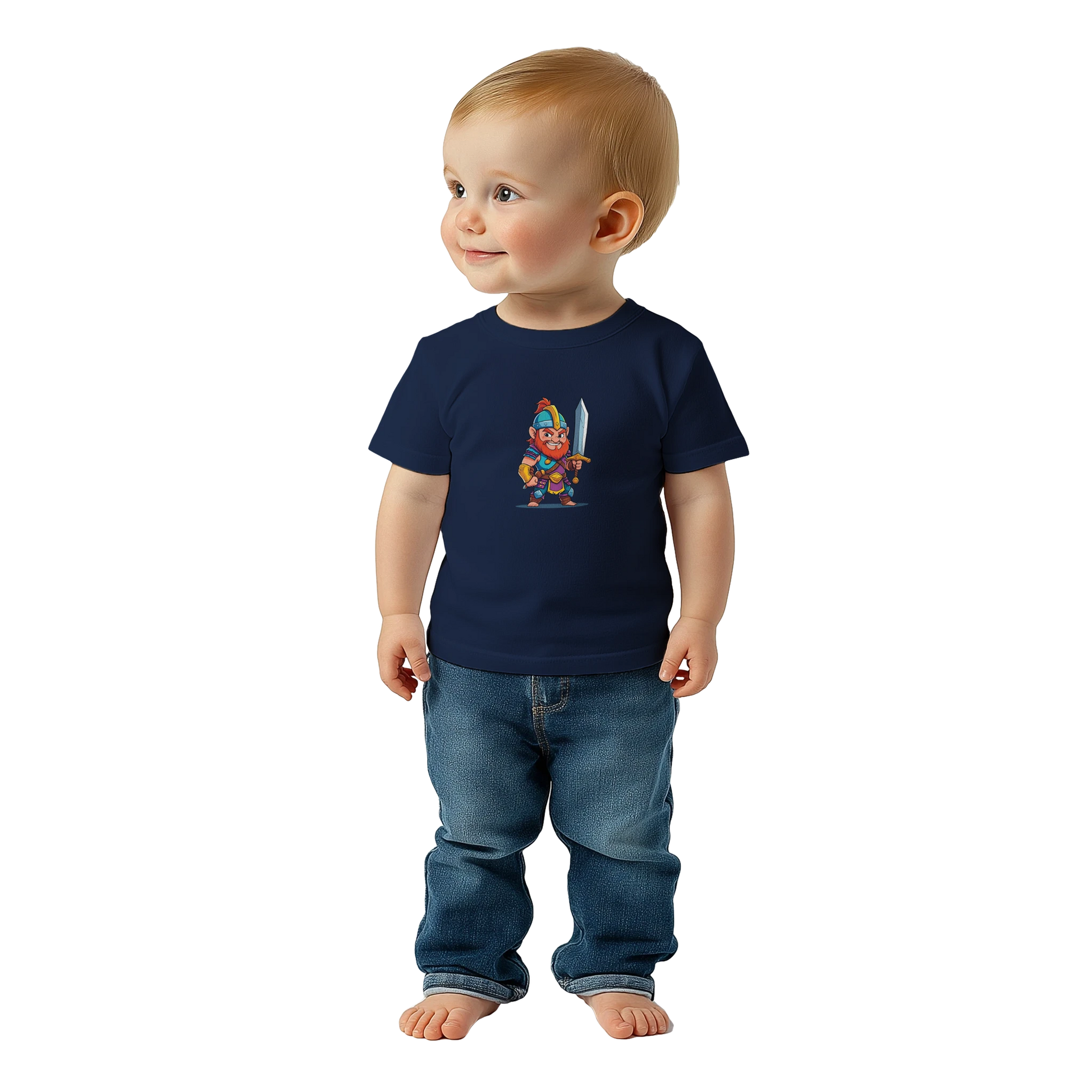 Baby t-shirt featuring a D&D-inspired fighter design with the subclass "Stick Sword Specialist." Illustrated with playful weapons and bold fantasy style
